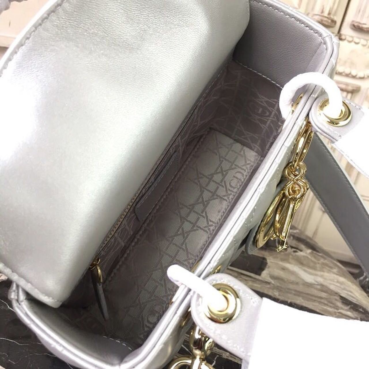 Christian Dior Small Lady Dior Bag Gold Toned Hardware Pearl Silver White For Women 8in/20cm CD