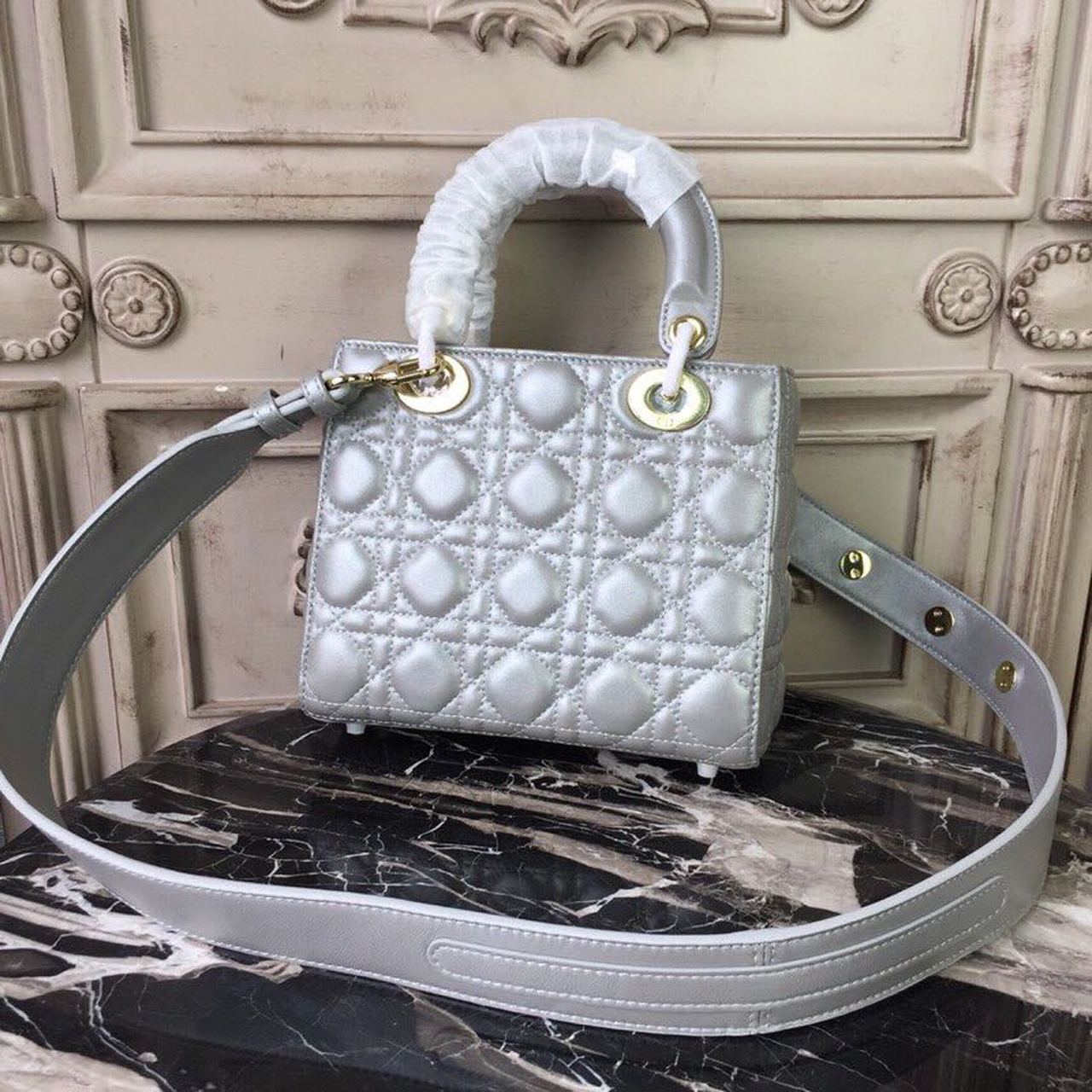 Christian Dior Small Lady Dior Bag Gold Toned Hardware Pearl Silver White For Women 8in/20cm CD