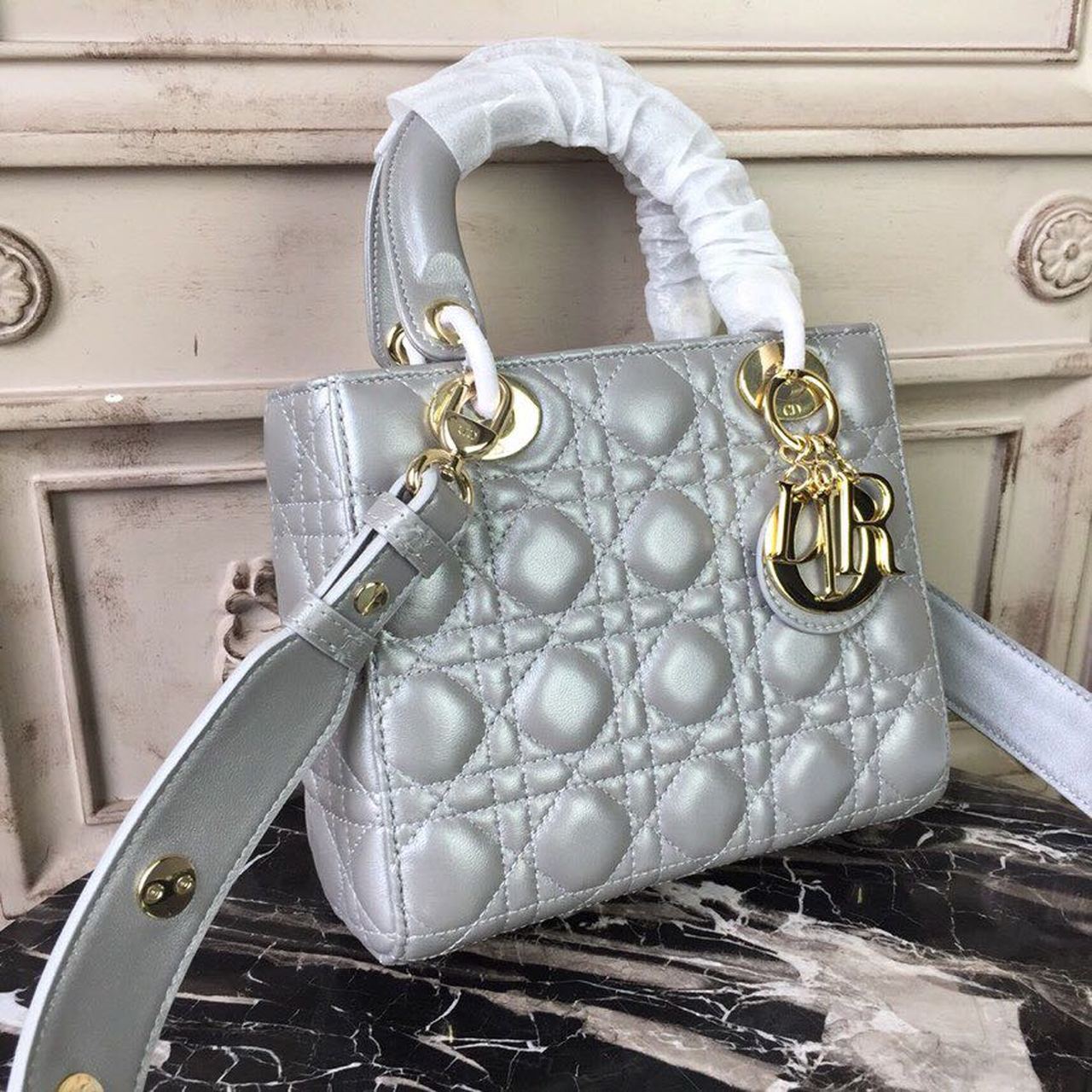 Christian Dior Small Lady Dior Bag Gold Toned Hardware Pearl Silver White For Women 8in/20cm CD