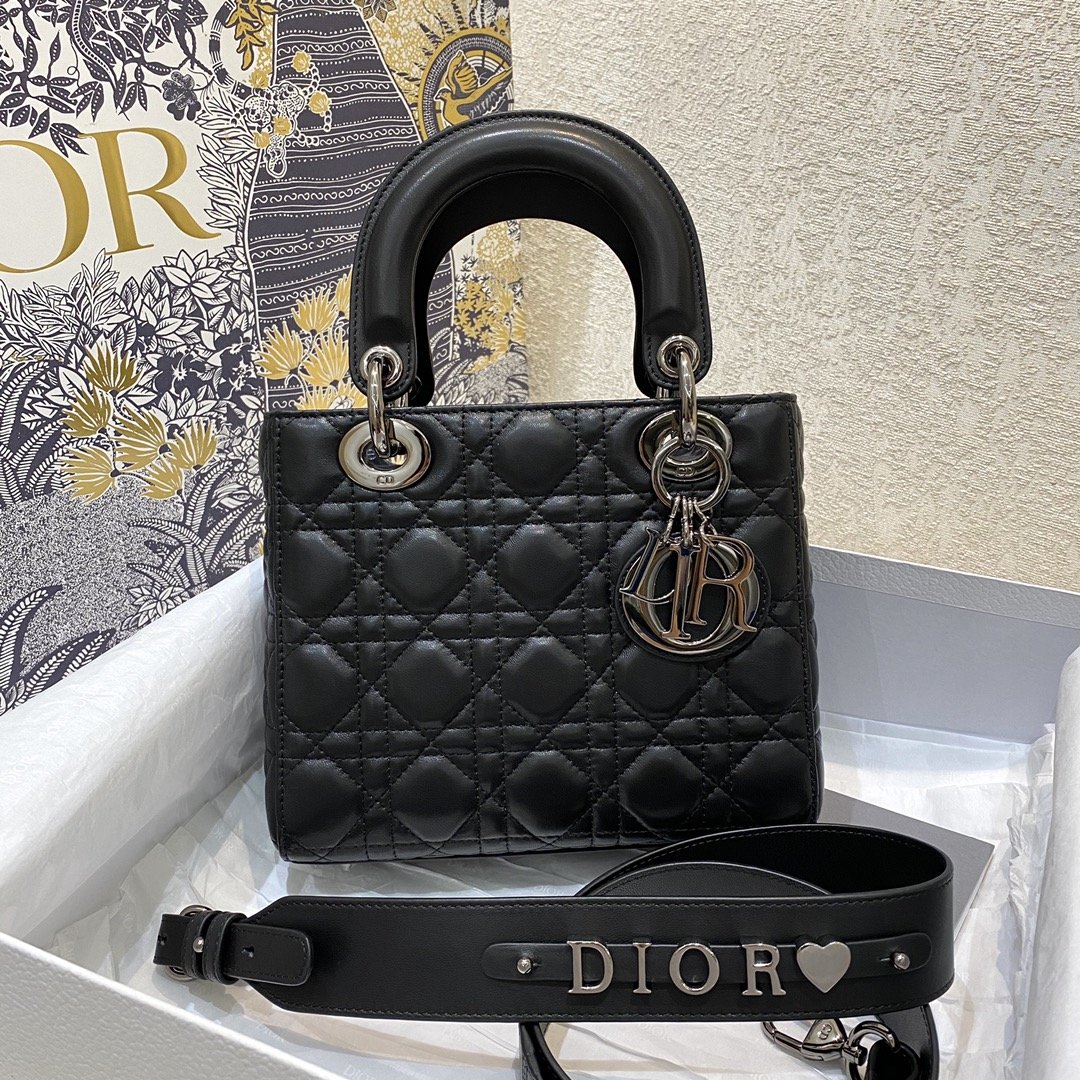 Christian Dior Small Lady Dior Bag Silver Hardware, Black, For Women Women’s Handbags, Crossbody Bags, 20cm CD