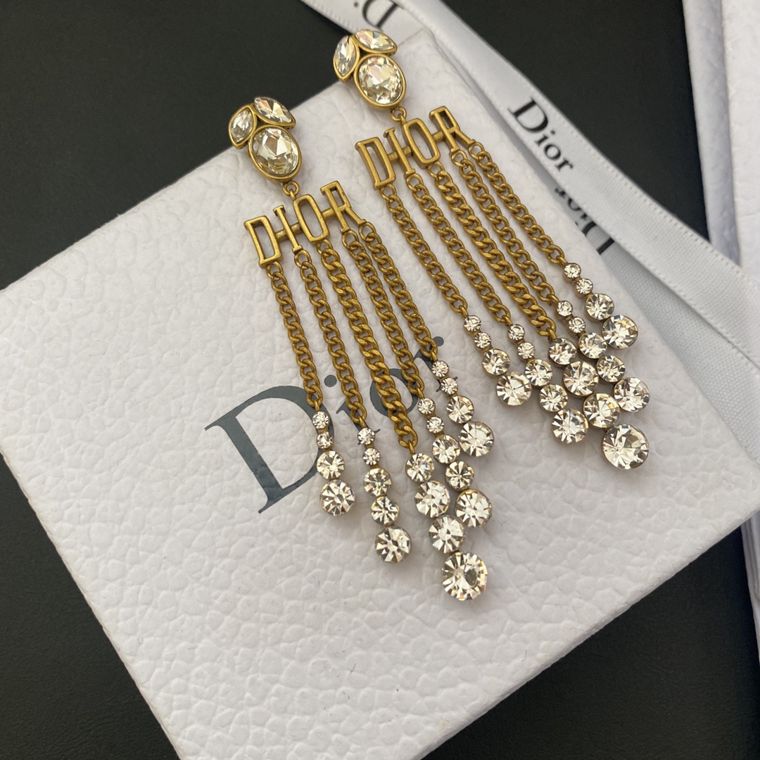 Christian Dior Tassel Twinkle Stone Earrings Gold Tone For Women