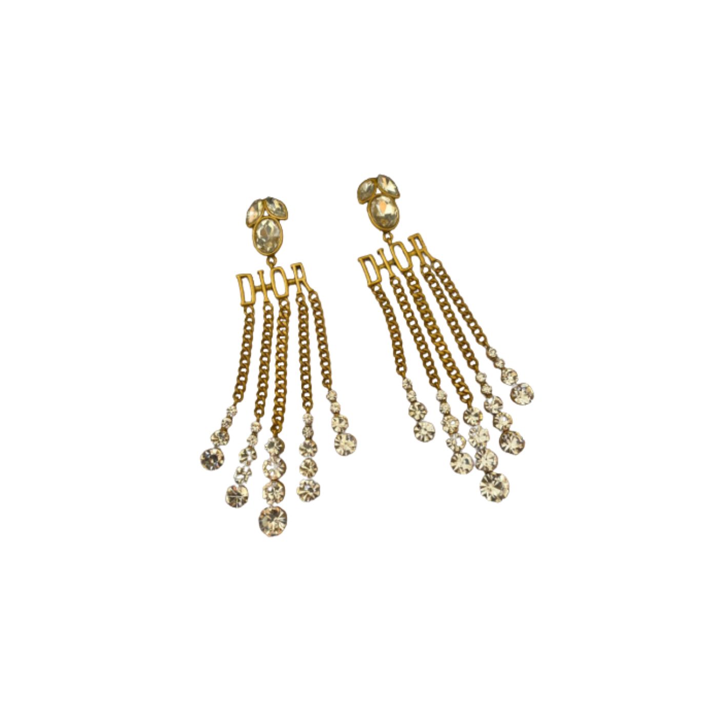 Christian Dior Tassel Twinkle Stone Earrings Gold Tone For Women