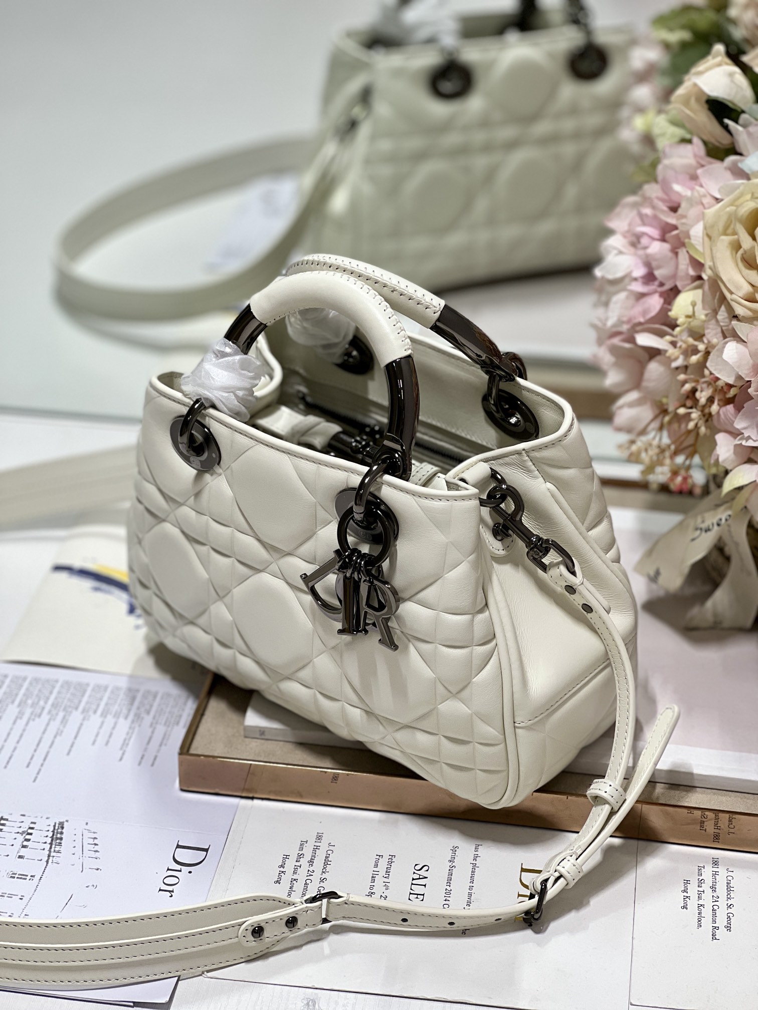 Christian Dior The Medium Lady 95.22 Bag With Black Tone Hardware Black/White/Grey For Women 9.5in/ 24cm