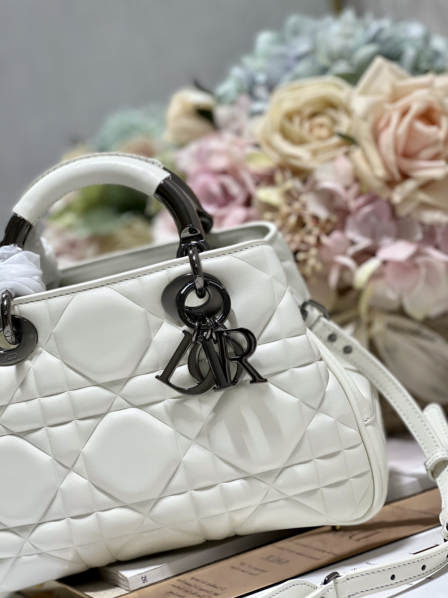 Christian Dior The Medium Lady 95.22 Bag With Black Tone Hardware Black/White/Grey For Women 9.5in/ 24cm