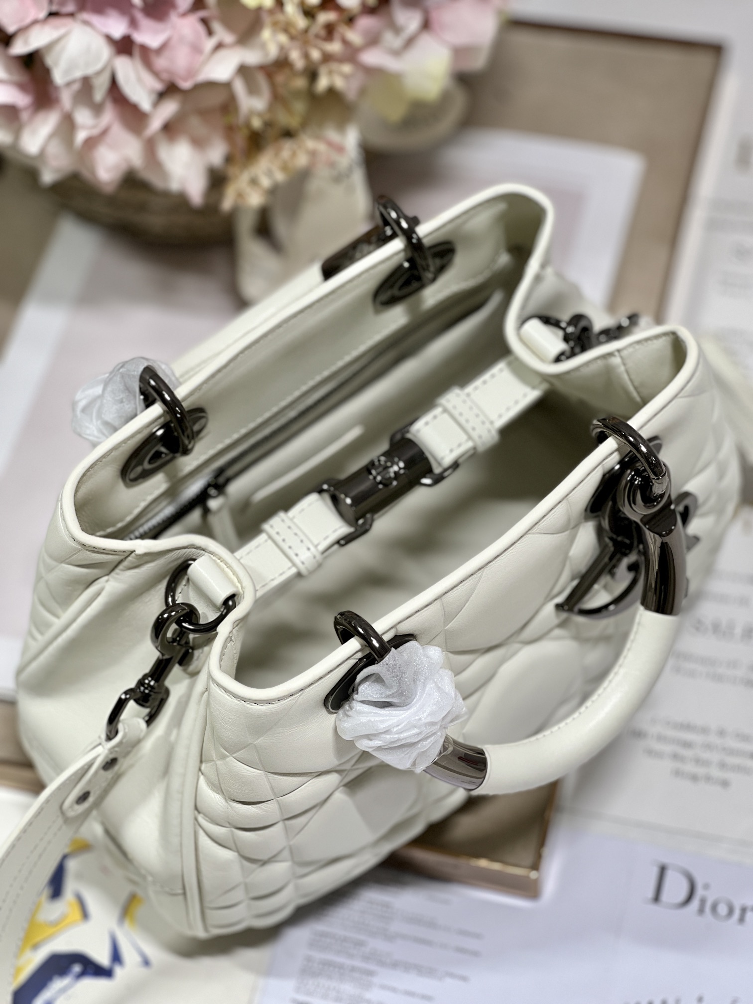 Christian Dior The Medium Lady 95.22 Bag With Black Tone Hardware Black/White/Grey For Women 9.5in/ 24cm