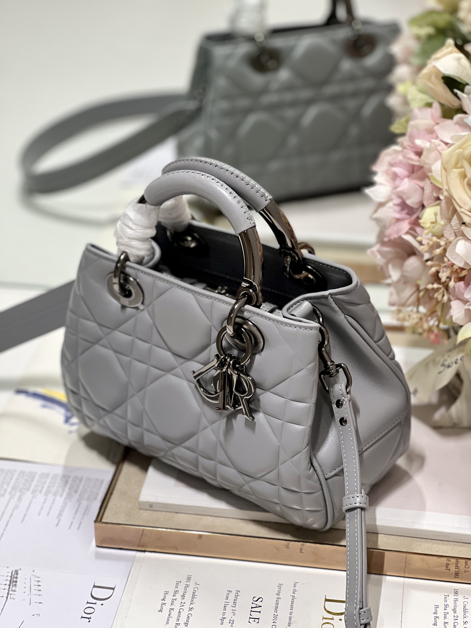 Christian Dior The Medium Lady 95.22 Bag With Black Tone Hardware Black/White/Grey For Women 9.5in/ 24cm