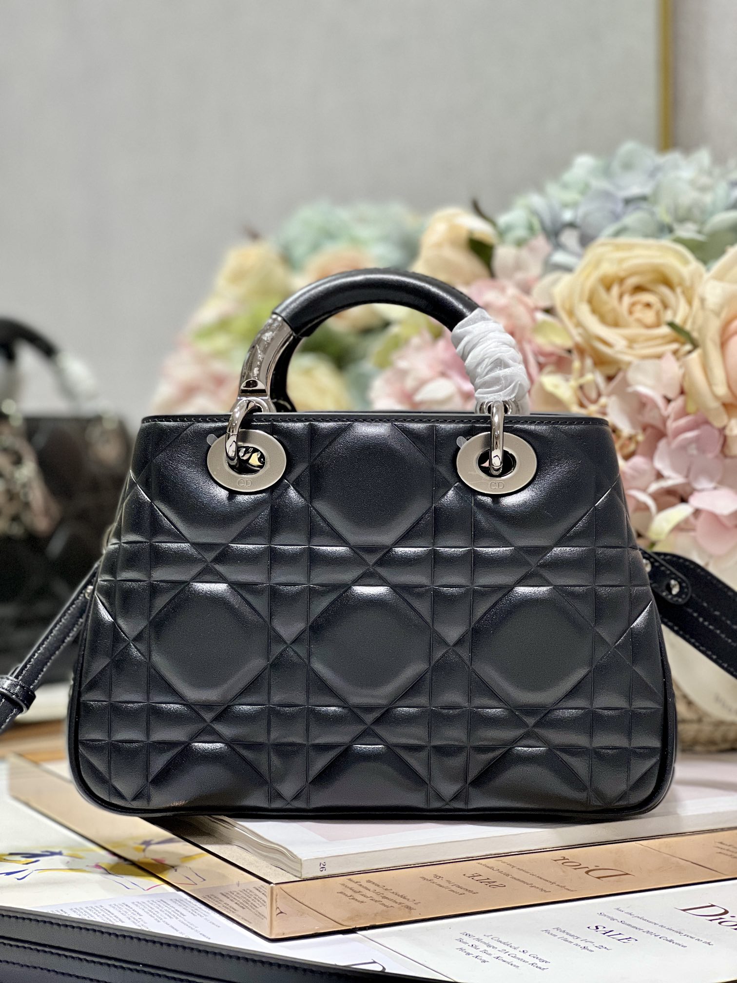 Christian Dior The Medium Lady 95.22 Bag With Black Tone Hardware Black/White/Grey For Women 9.5in/ 24cm