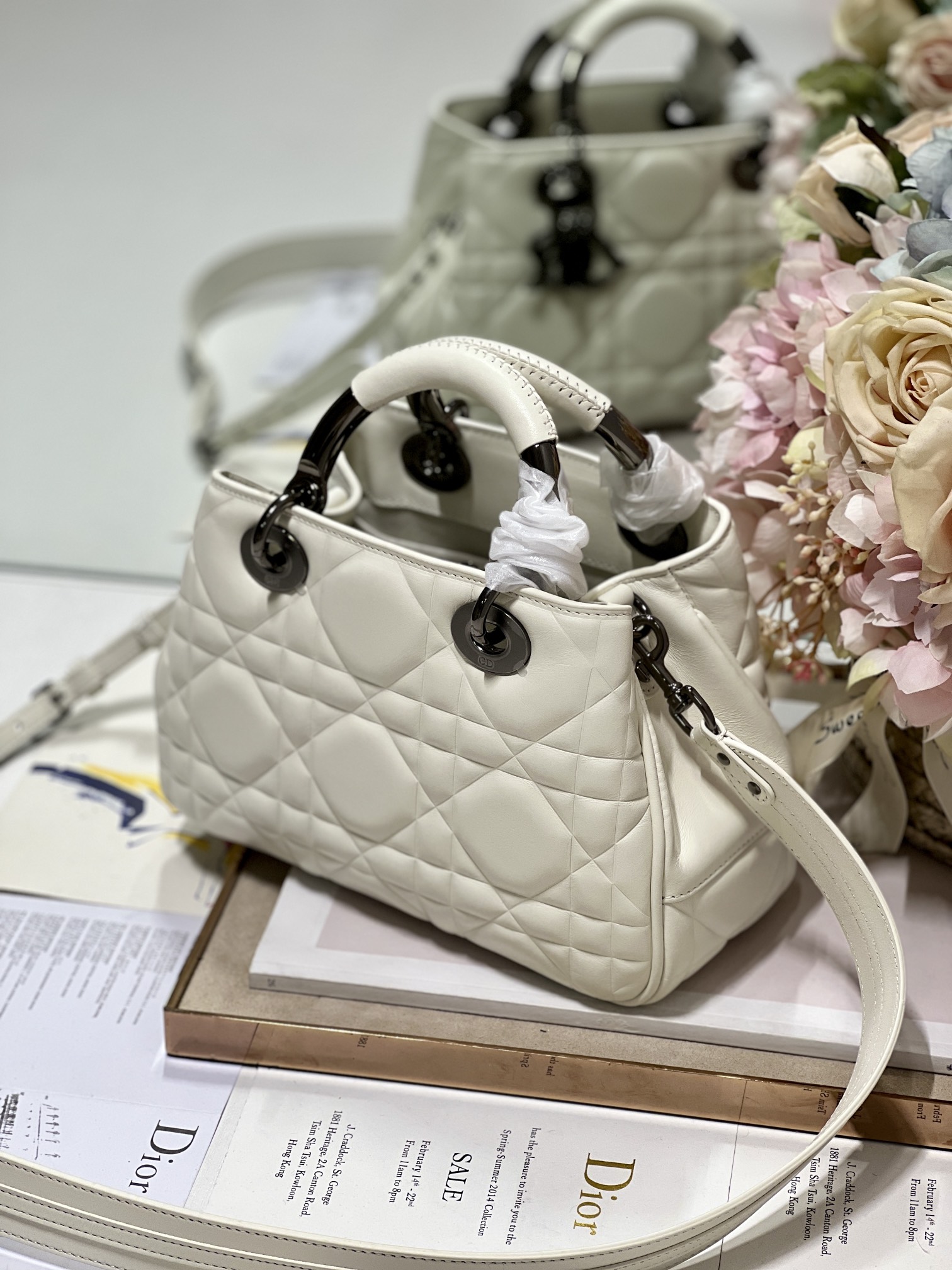 Christian Dior The Medium Lady 95.22 Bag With Black Tone Hardware Black/White/Grey For Women 9.5in/ 24cm