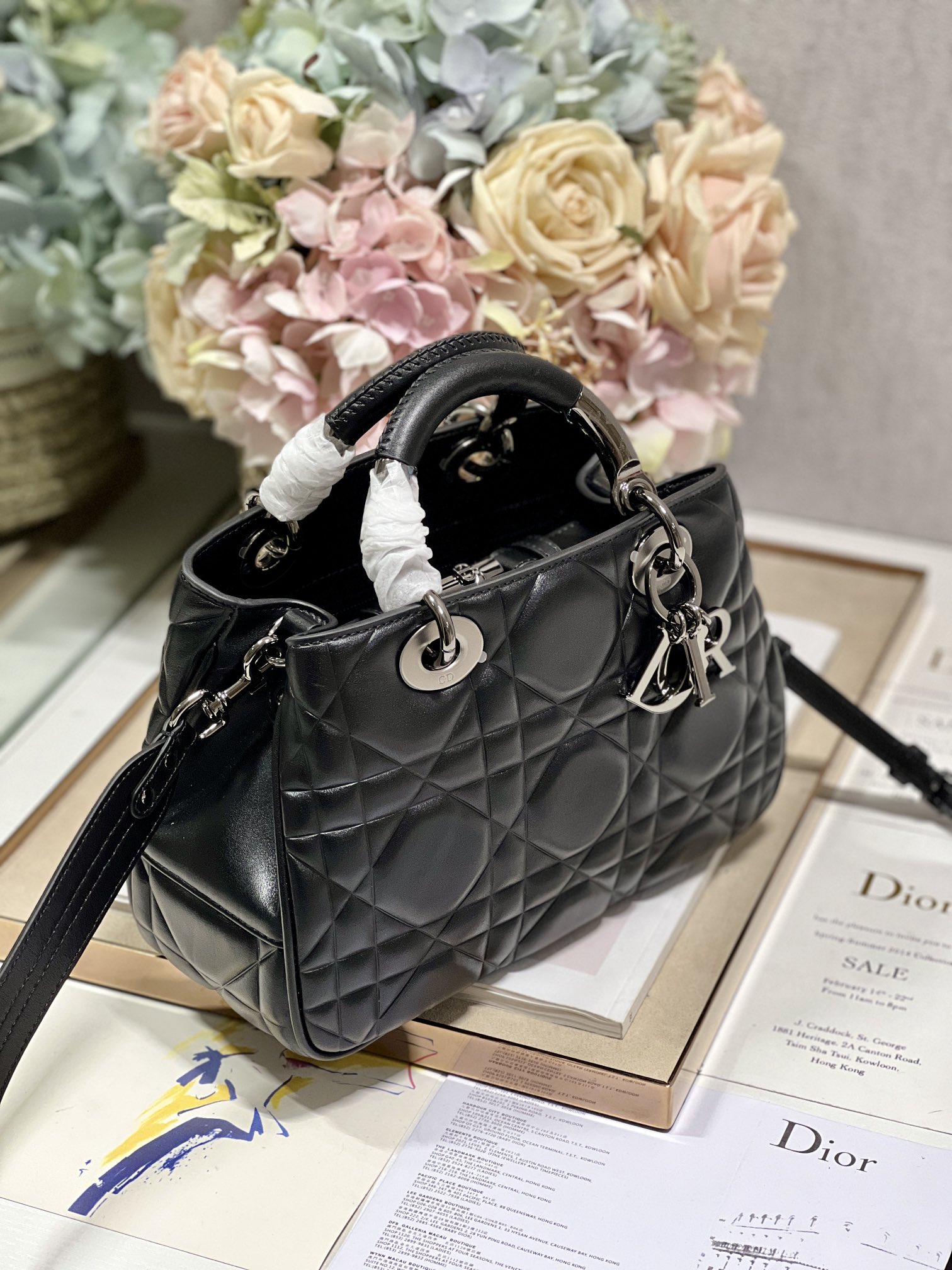 Christian Dior The Medium Lady 95.22 Bag With Black Tone Hardware Black/White/Grey For Women 9.5in/ 24cm