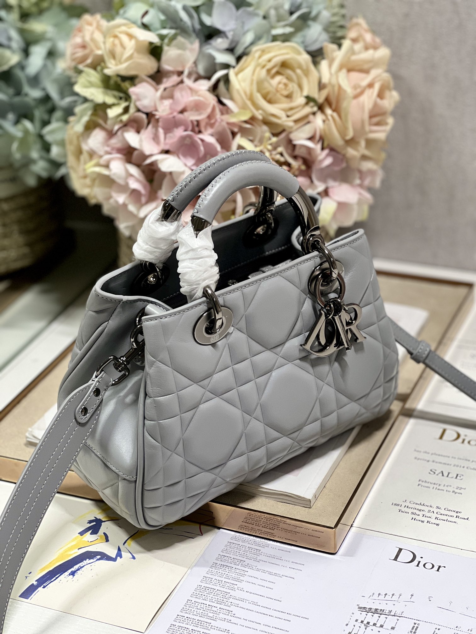Christian Dior The Medium Lady 95.22 Bag With Black Tone Hardware Black/White/Grey For Women 9.5in/ 24cm