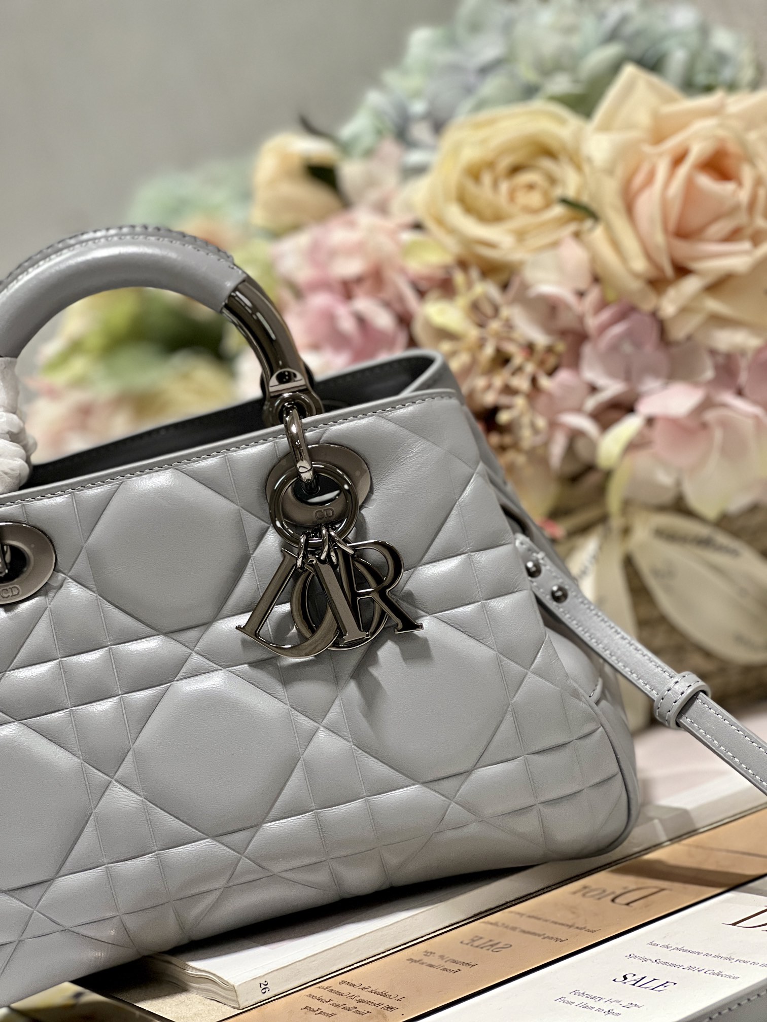 Christian Dior The Medium Lady 95.22 Bag With Black Tone Hardware Black/White/Grey For Women 9.5in/ 24cm