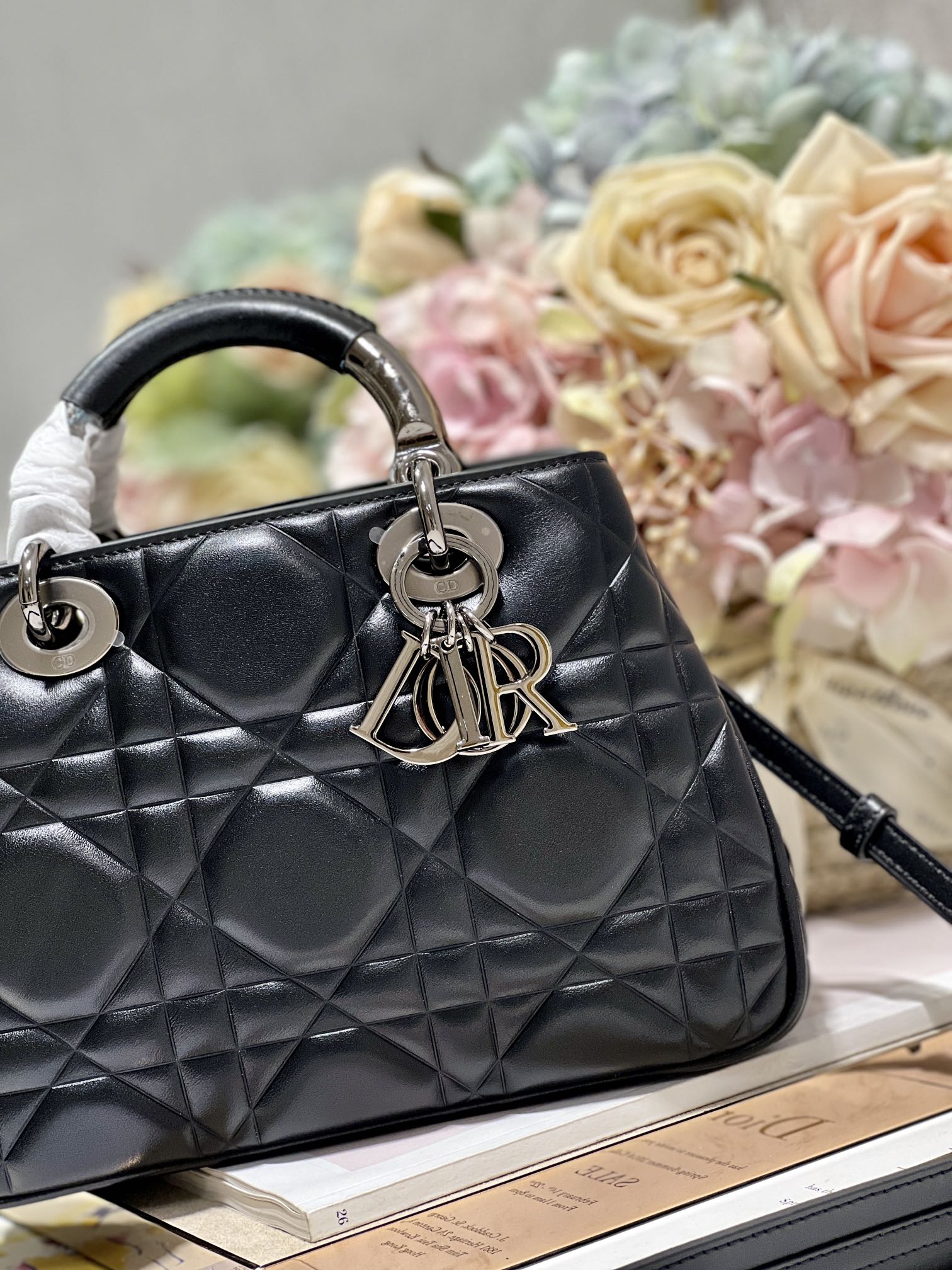 Christian Dior The Medium Lady 95.22 Bag With Black Tone Hardware Black/White/Grey For Women 9.5in/ 24cm
