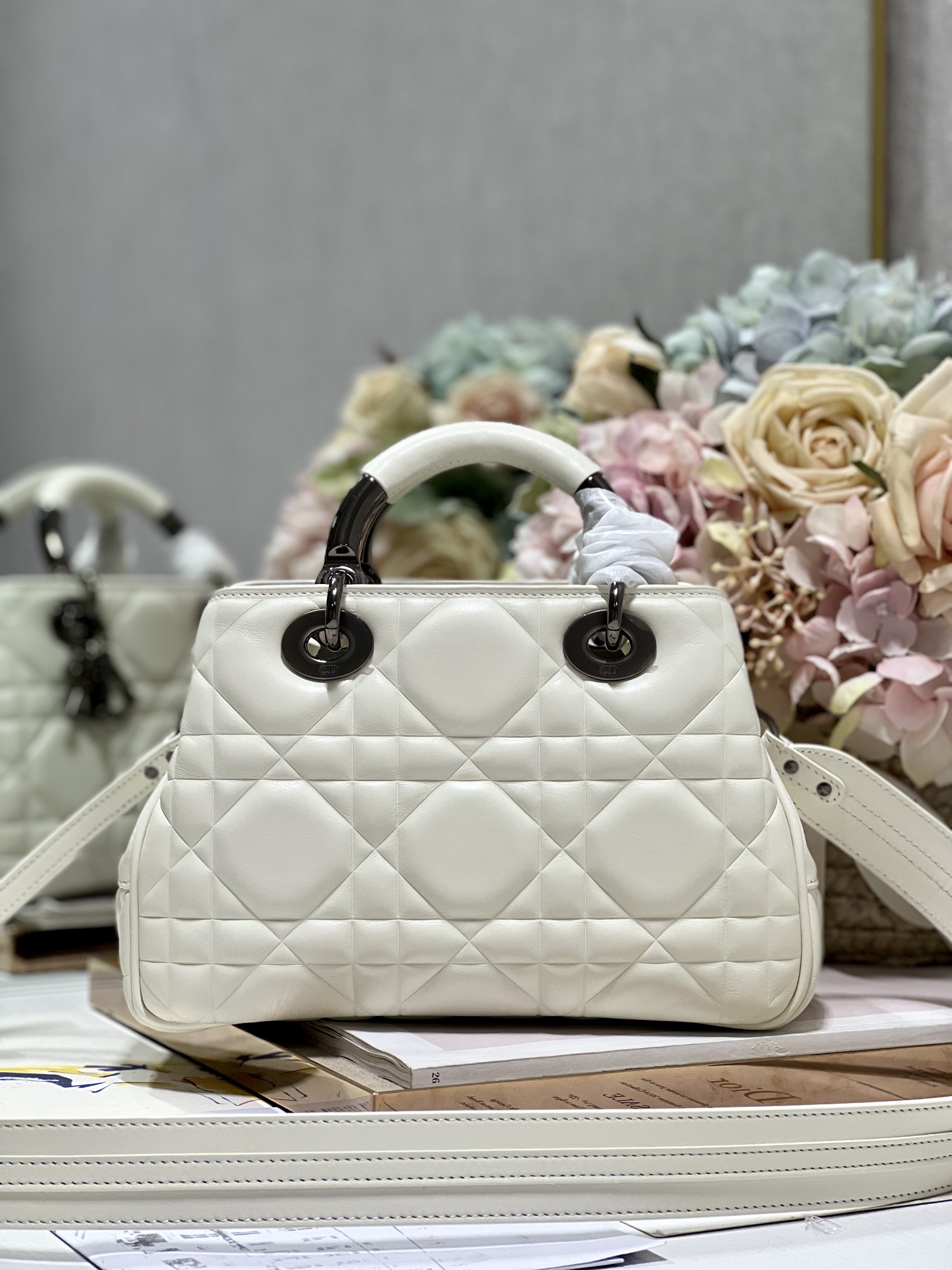 Christian Dior The Medium Lady 95.22 Bag With Black Tone Hardware Black/White/Grey For Women 9.5in/ 24cm