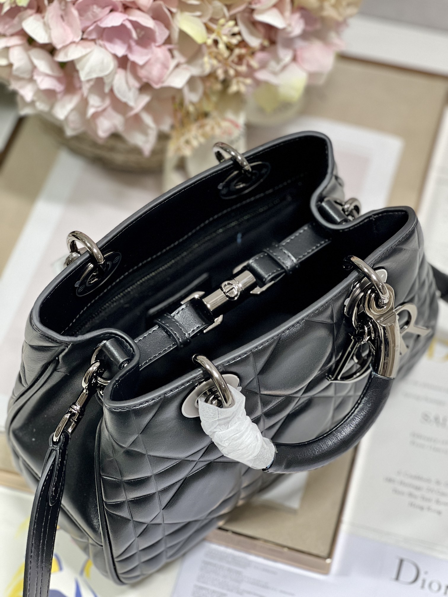 Christian Dior The Medium Lady 95.22 Bag With Black Tone Hardware Black/White/Grey For Women 9.5in/ 24cm