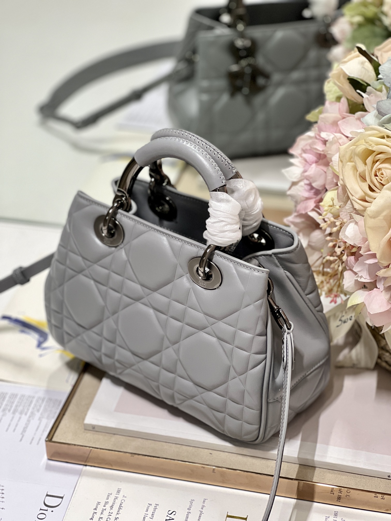 Christian Dior The Medium Lady 95.22 Bag With Black Tone Hardware Black/White/Grey For Women 9.5in/ 24cm
