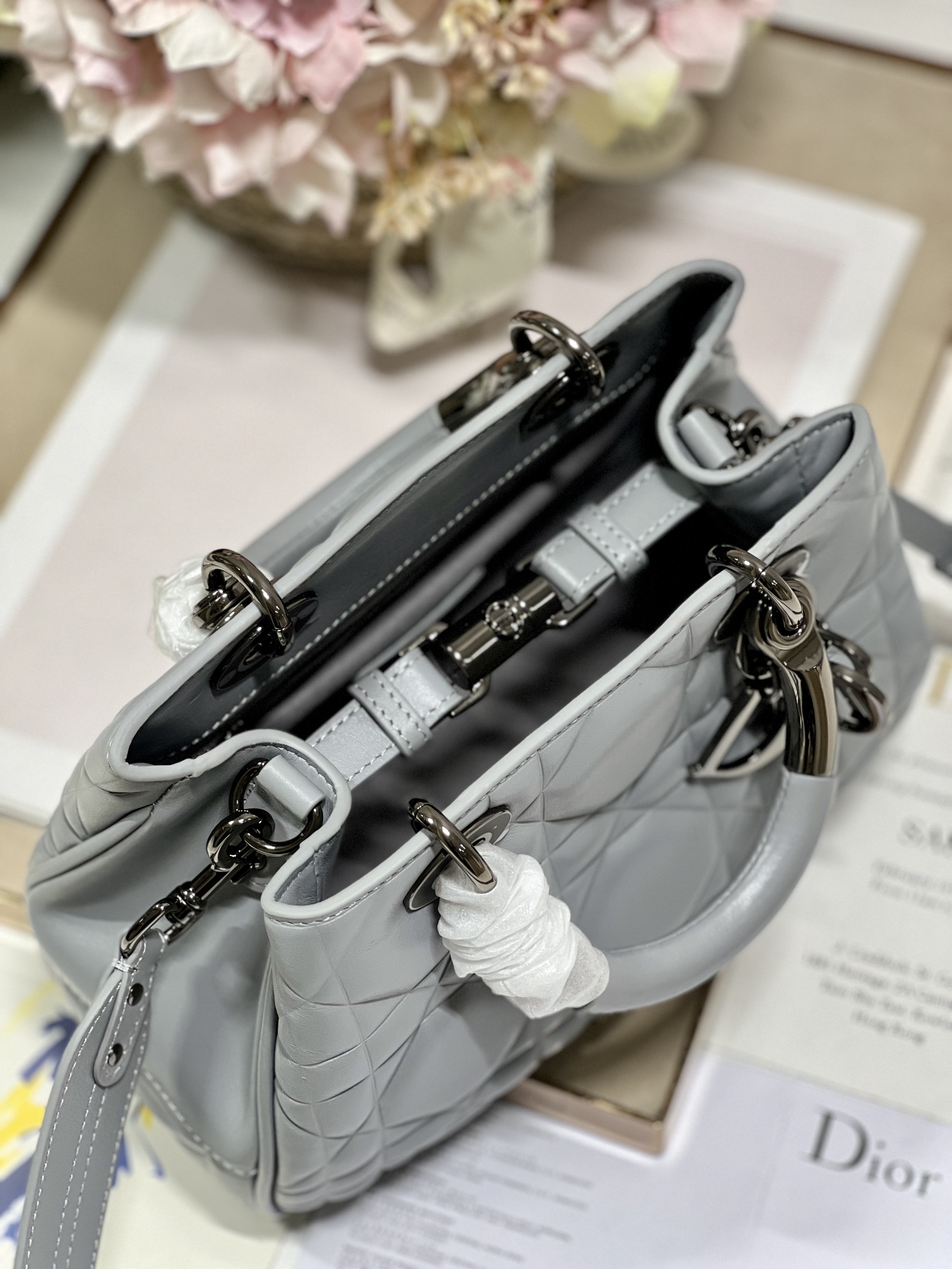 Christian Dior The Medium Lady 95.22 Bag With Black Tone Hardware Black/White/Grey For Women 9.5in/ 24cm