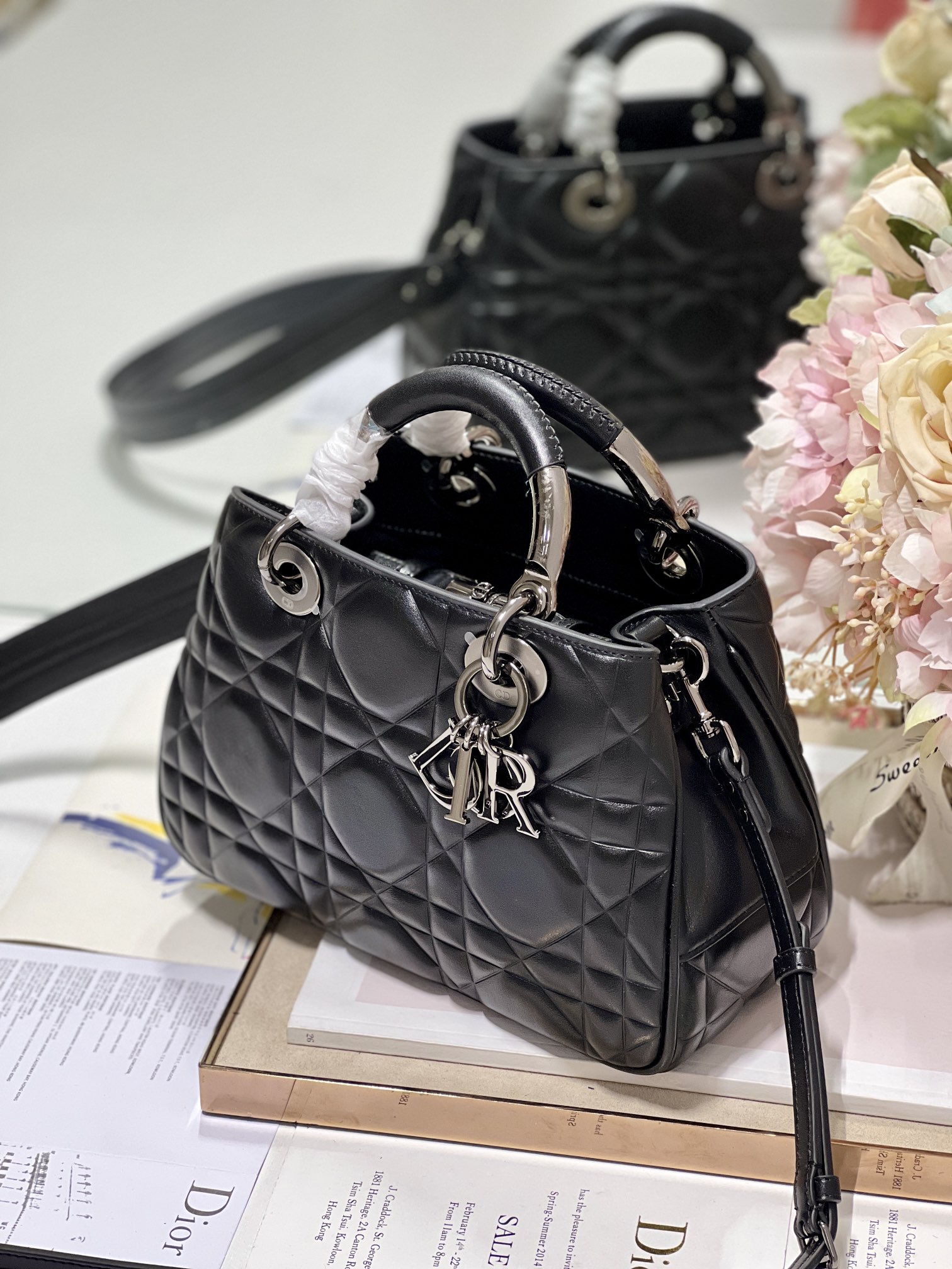 Christian Dior The Medium Lady 95.22 Bag With Black Tone Hardware Black/White/Grey For Women 9.5in/ 24cm