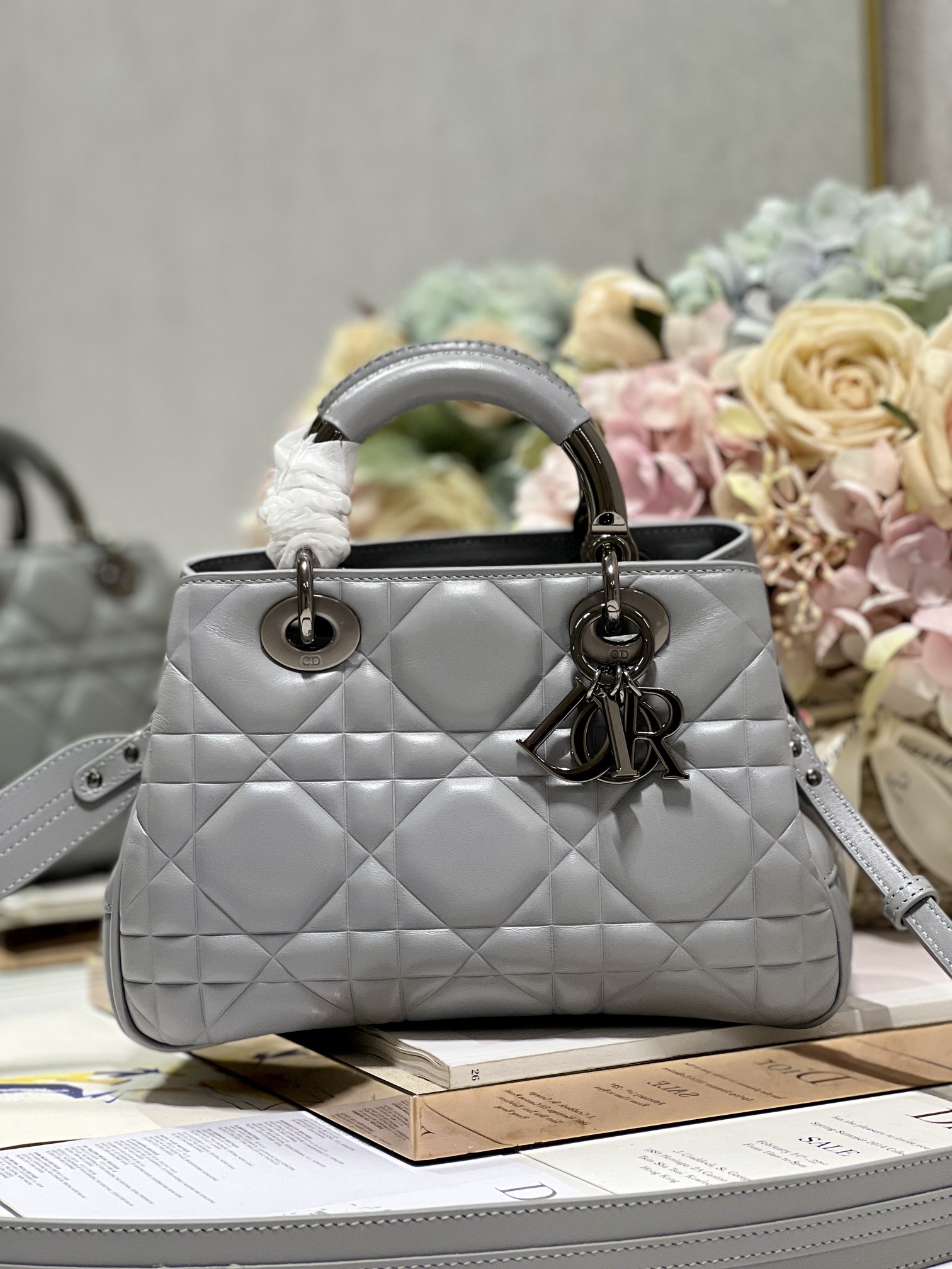 Christian Dior The Medium Lady 95.22 Bag With Black Tone Hardware Black/White/Grey For Women 9.5in/ 24cm