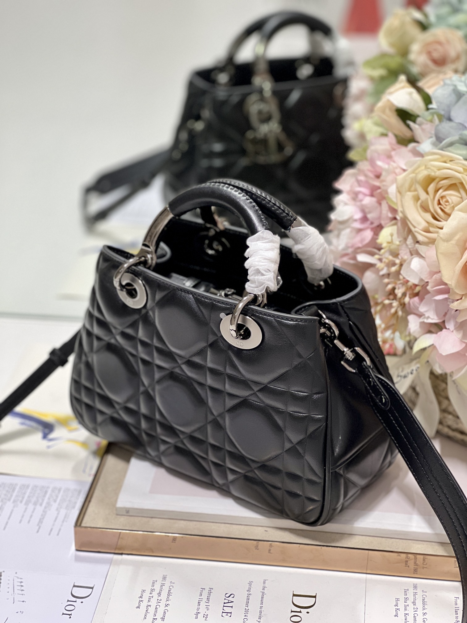 Christian Dior The Medium Lady 95.22 Bag With Black Tone Hardware Black/White/Grey For Women 9.5in/ 24cm