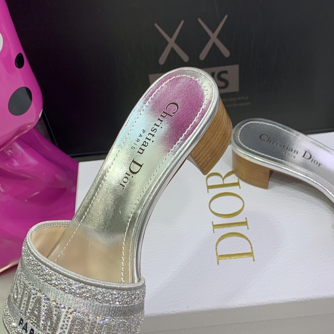 Christian Dior Women’s Dway Heeled Slide Sliver For Women CD