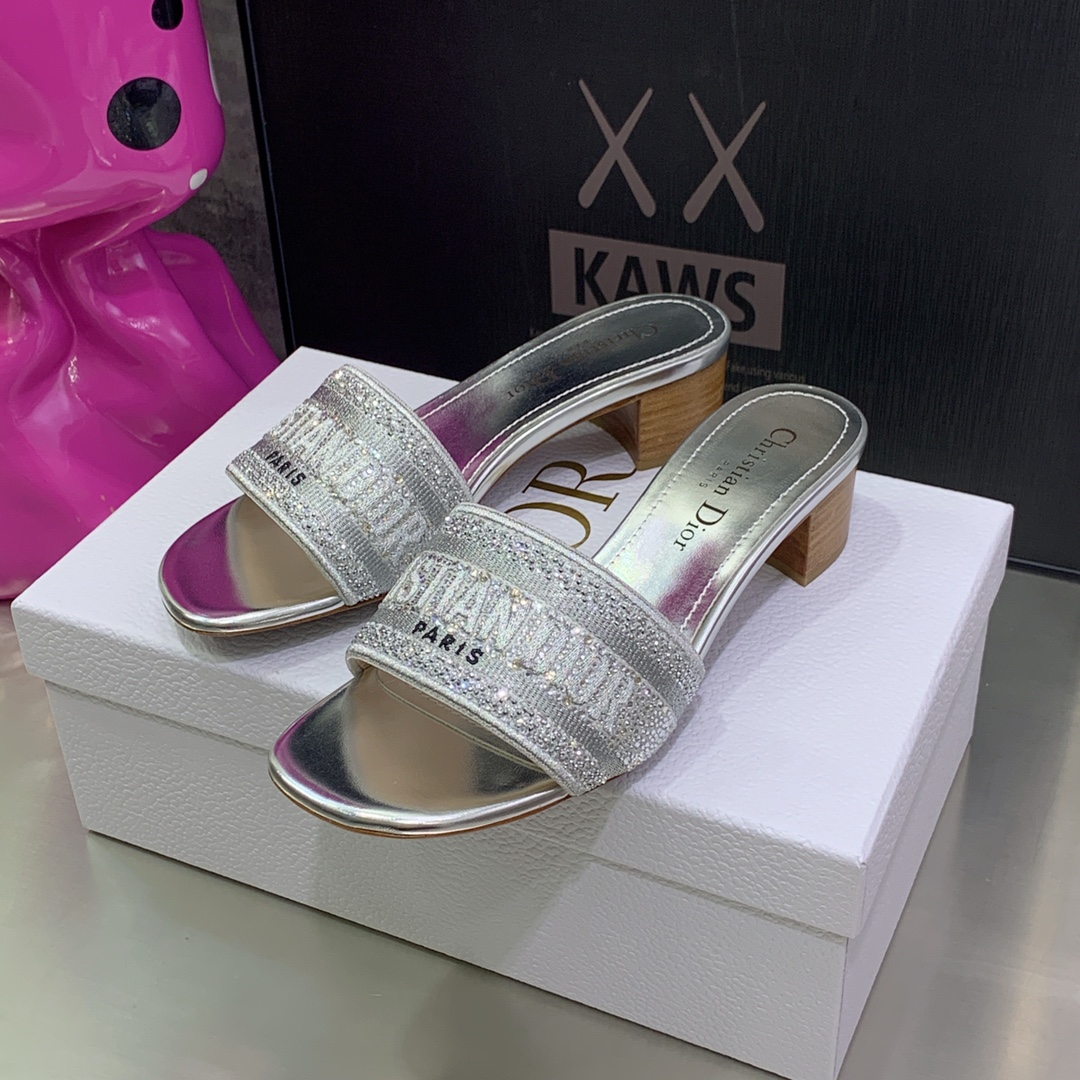 Christian Dior Women’s Dway Heeled Slide Sliver For Women CD