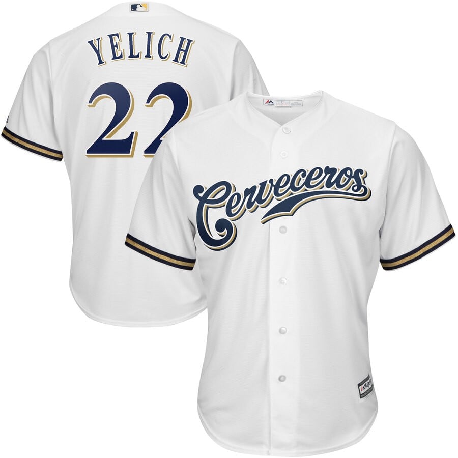 Christian Yelich Milwaukee Brewers Majestic Home Hispanic Heritage Cool Base Player Stitched Jersey – White
