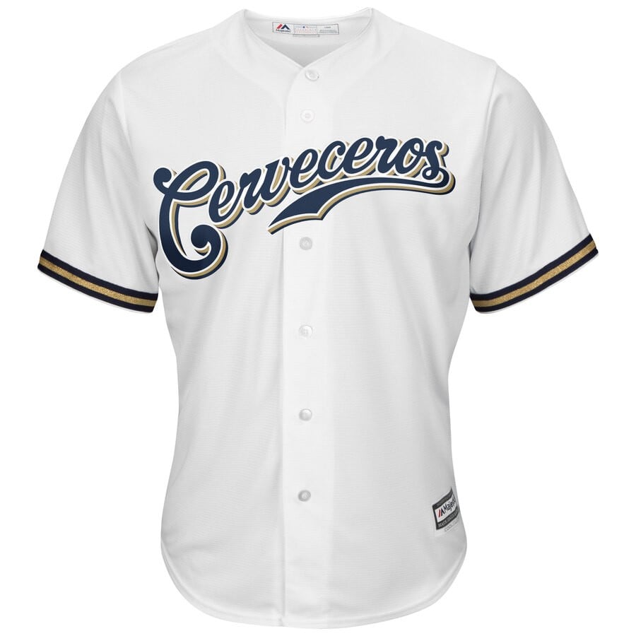 Christian Yelich Milwaukee Brewers Majestic Home Hispanic Heritage Cool Base Player Stitched Jersey – White