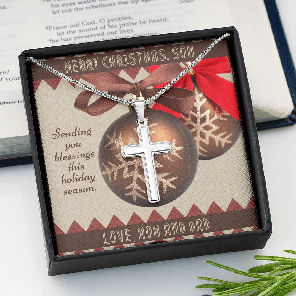 Christmas Blessings To Son From Mom and Dad Engraved Cross Necklace