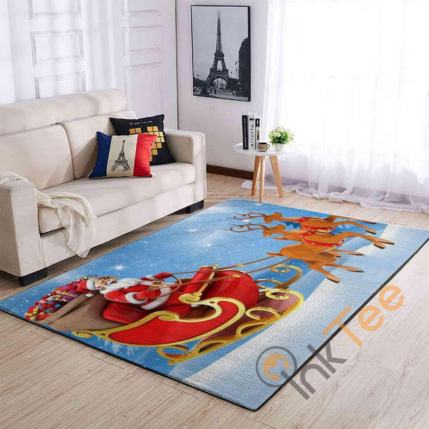 Christmas Santa Claus Deer Sleigh Area Rectangle Rug