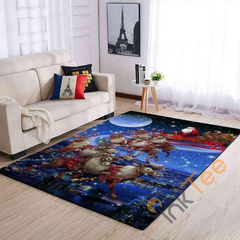 Christmas Santa Claus Deer Sleighs Area Rectangle Rug