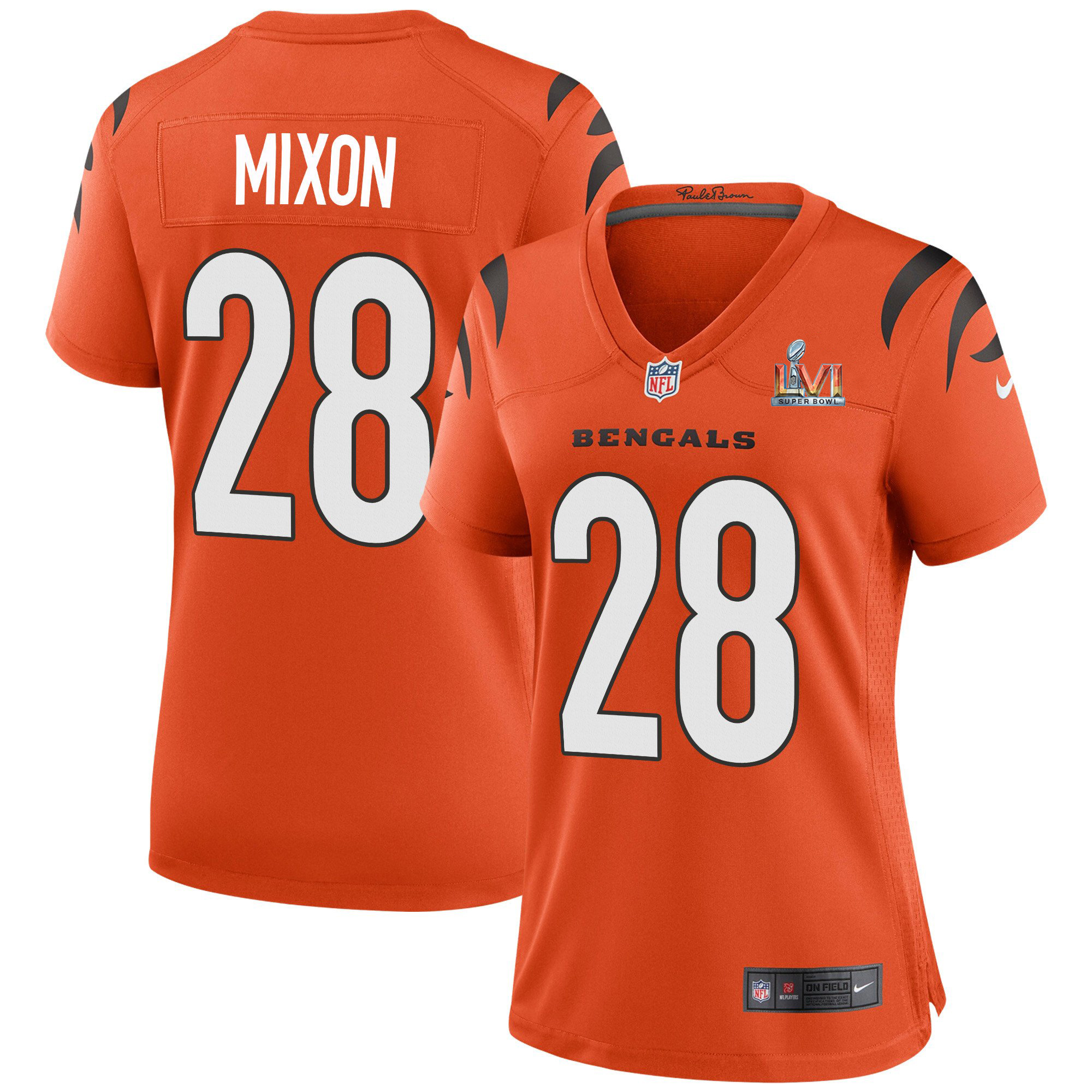 Cincinnati Bengals #28 Joe Mixon Orange Super Bowl LVI Patch Women’s Game Jersey