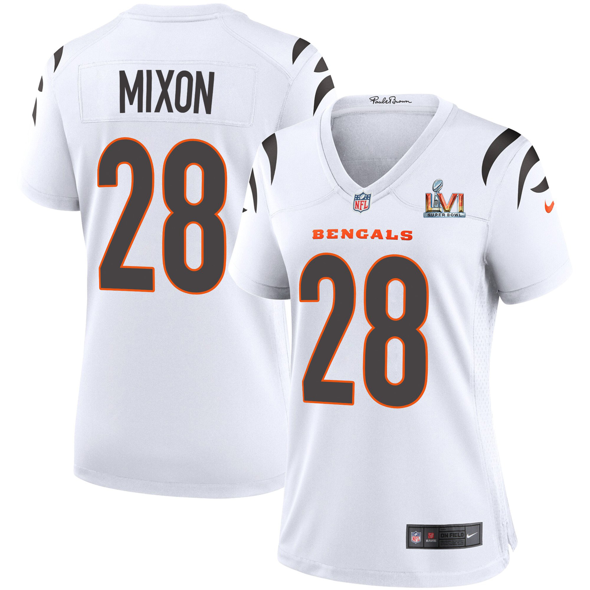Cincinnati Bengals #28 Joe Mixon White Super Bowl LVI Patch Women’s Game Jersey