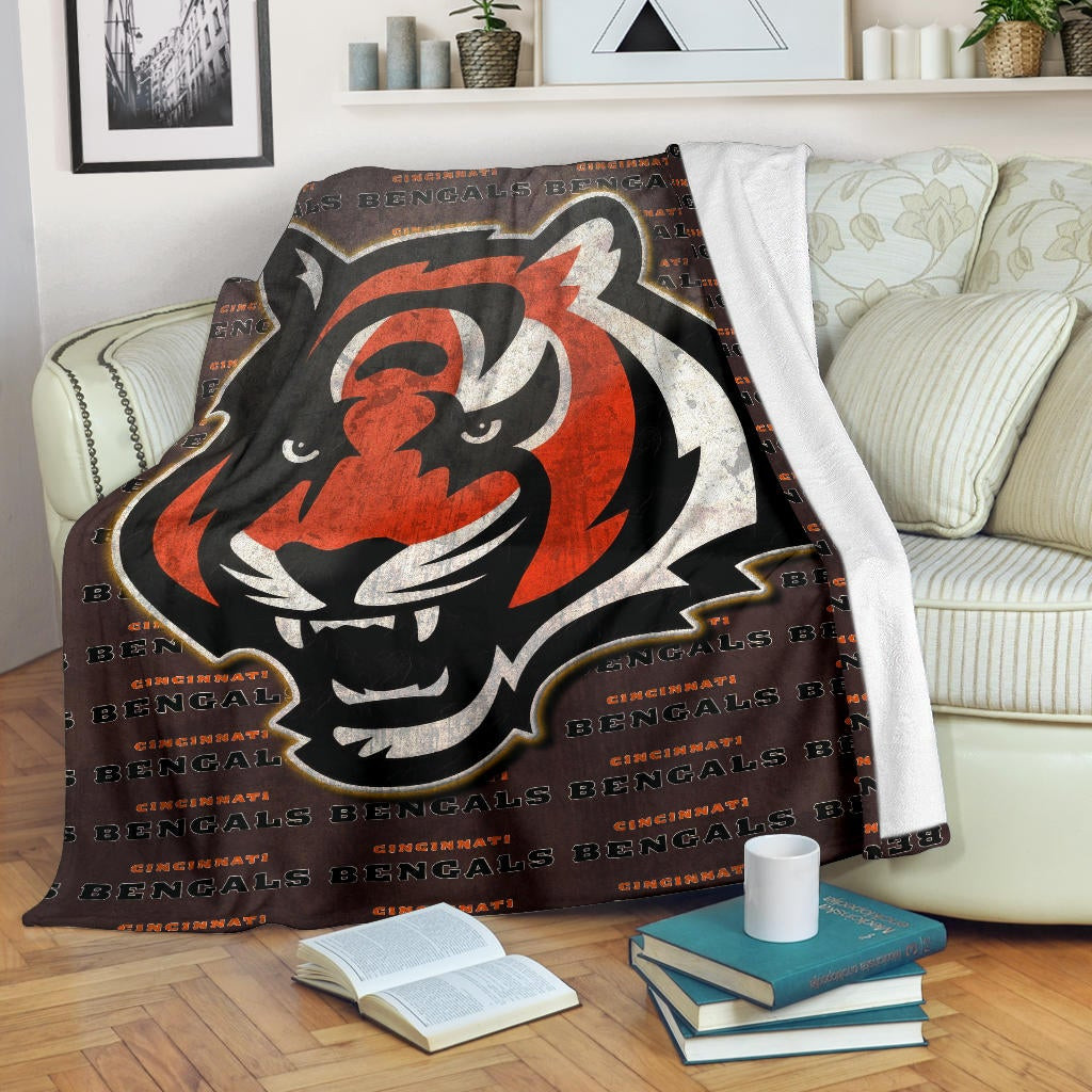 Cincinnati Bengals American Football Team Fleece Blanket Bengal Head Grr Text Patterns Background Fleece Blankets
