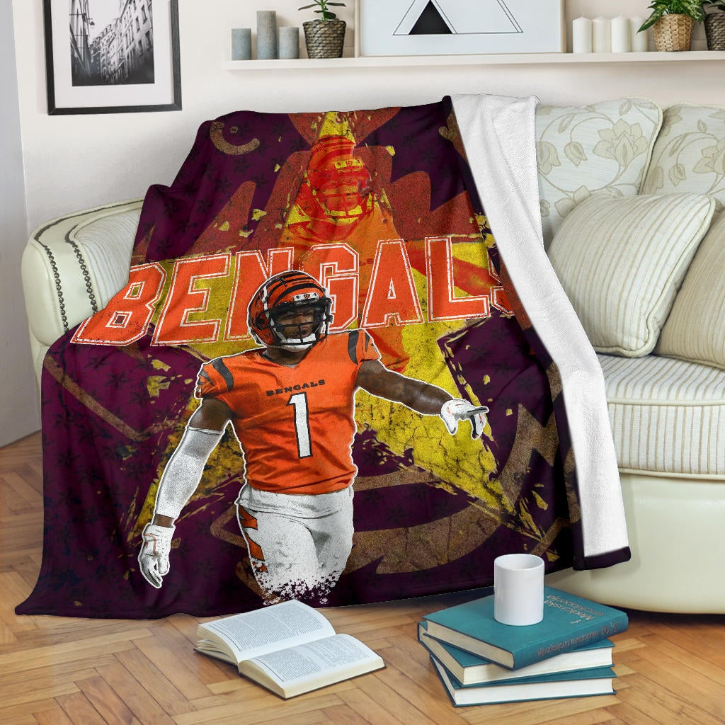 Cincinnati Bengals American Football Team Fleece Blanket Ja’Marr Chase Yellow Star Grrr Bengal Fleece Blankets
