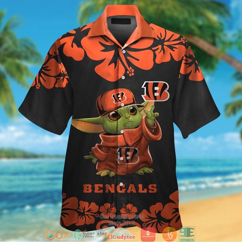 Cincinnati Bengals Baby Yoda Orange Hibiscus Hawaiian Shirt