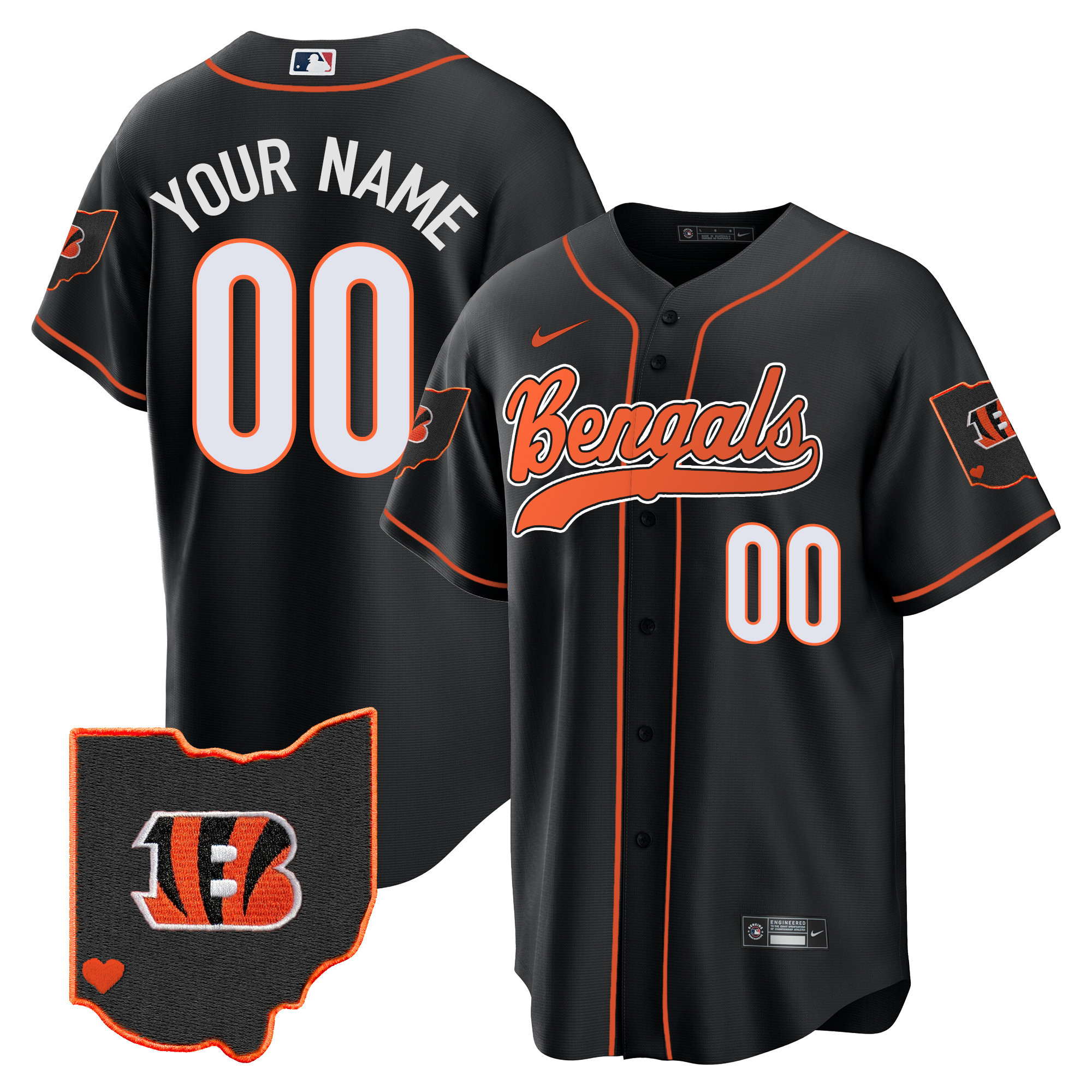 Cincinnati Bengals Ohio Patch Baseball Custom Black Jersey - All Stitched 