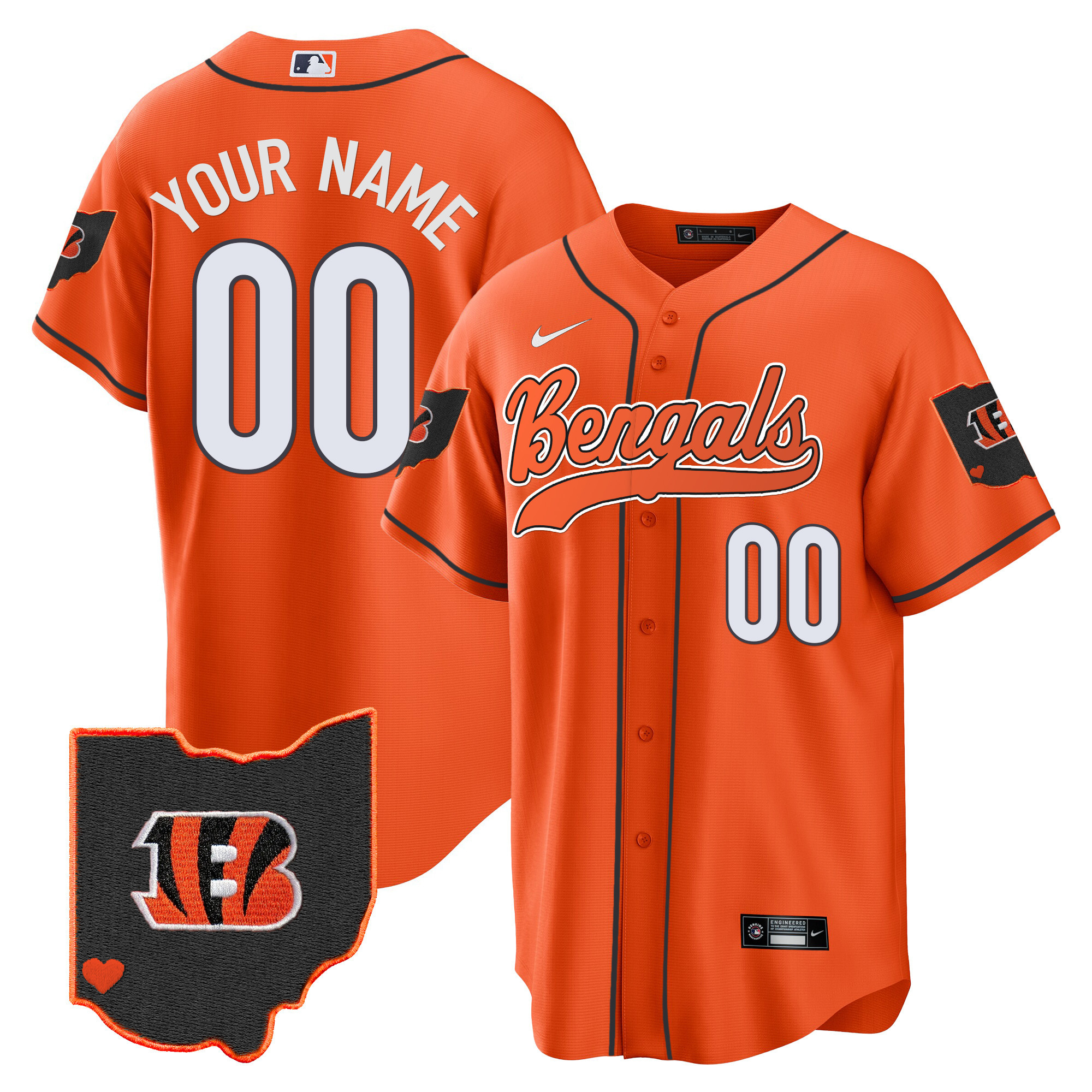 Cincinnati Bengals Ohio Patch Baseball Custom Orange Jersey - All Stitched 