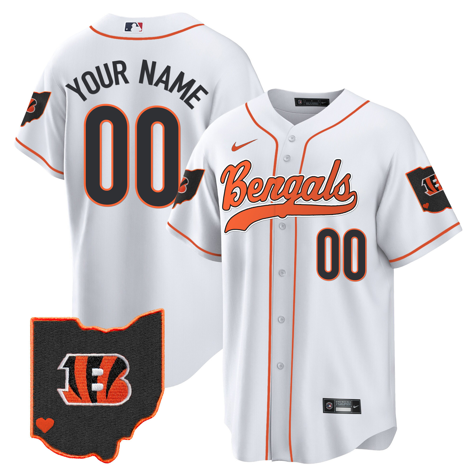 Cincinnati Bengals Ohio Patch Baseball Custom White Jersey - All Stitched 