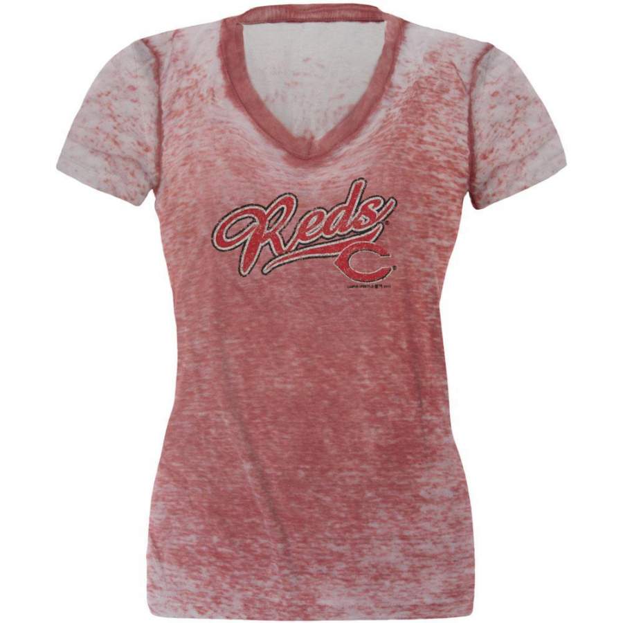 Cincinnati Reds – Distressed Logo Juniors Burnout T-Shirt