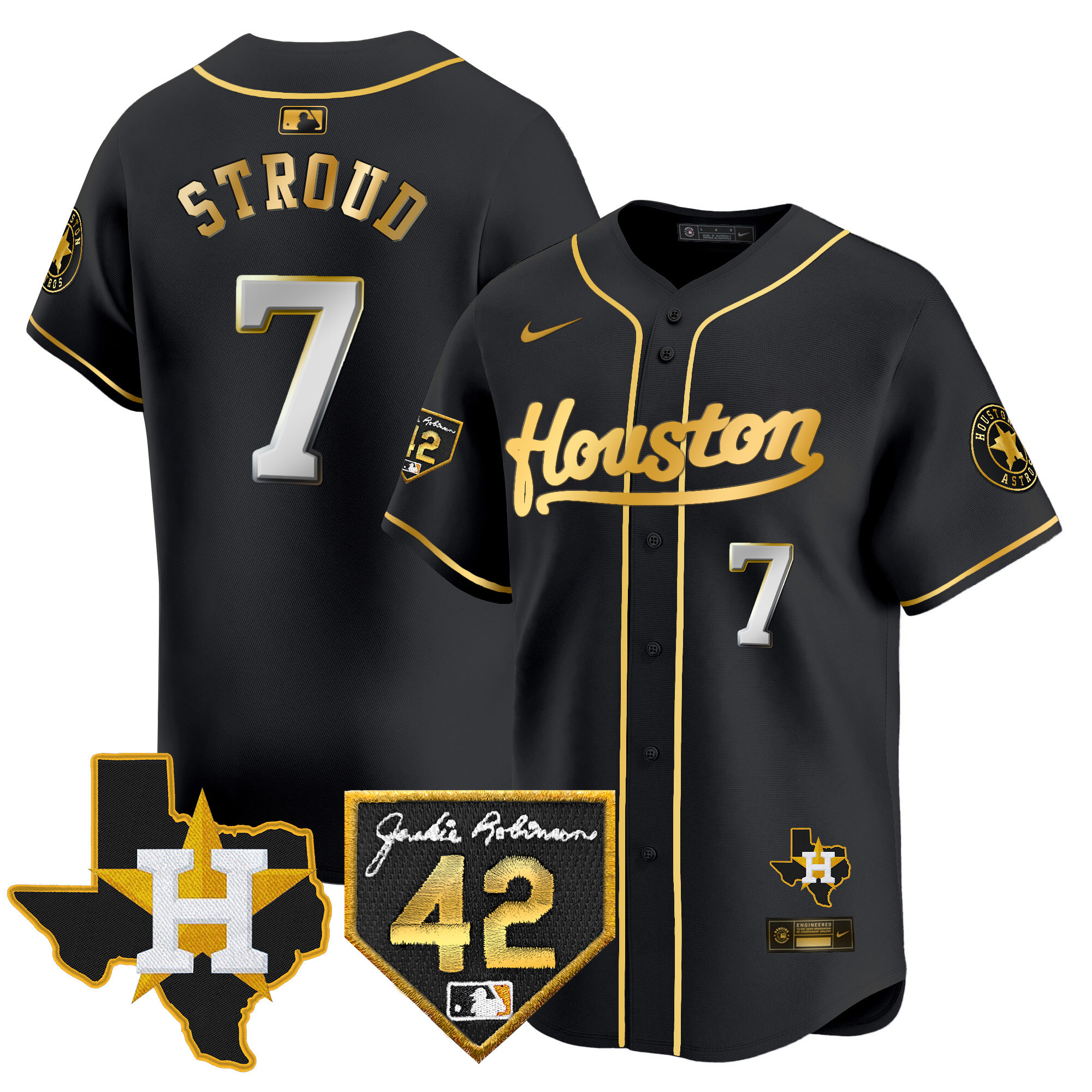 CJ Stroud Men's Houston Astros 2024 Jackie Robinson Patch Vapor Premier Limited Black Gold Jersey - All Stitched