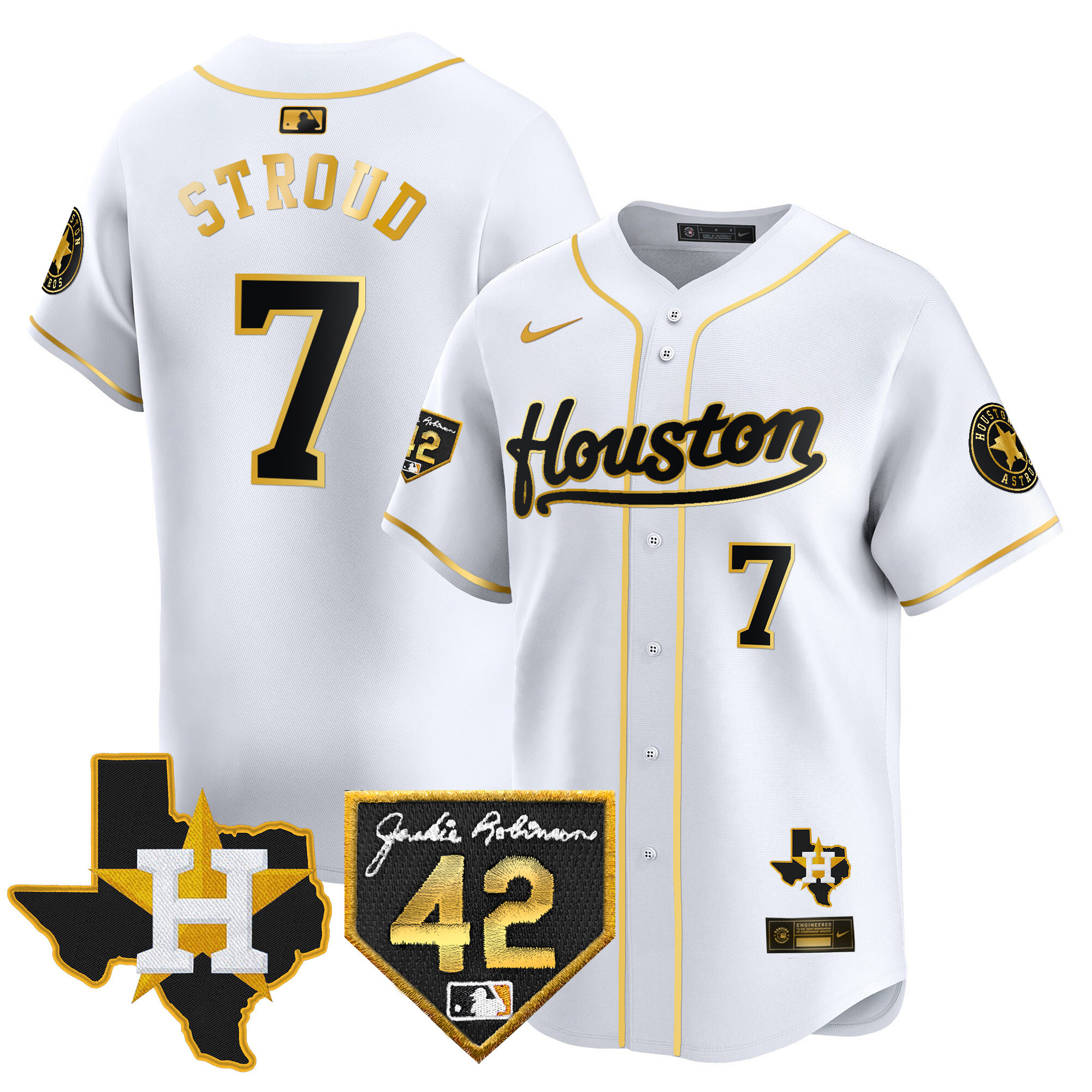CJ Stroud Men's Houston Astros 2024 Jackie Robinson Patch Vapor Premier Limited White Gold Jersey - All Stitched