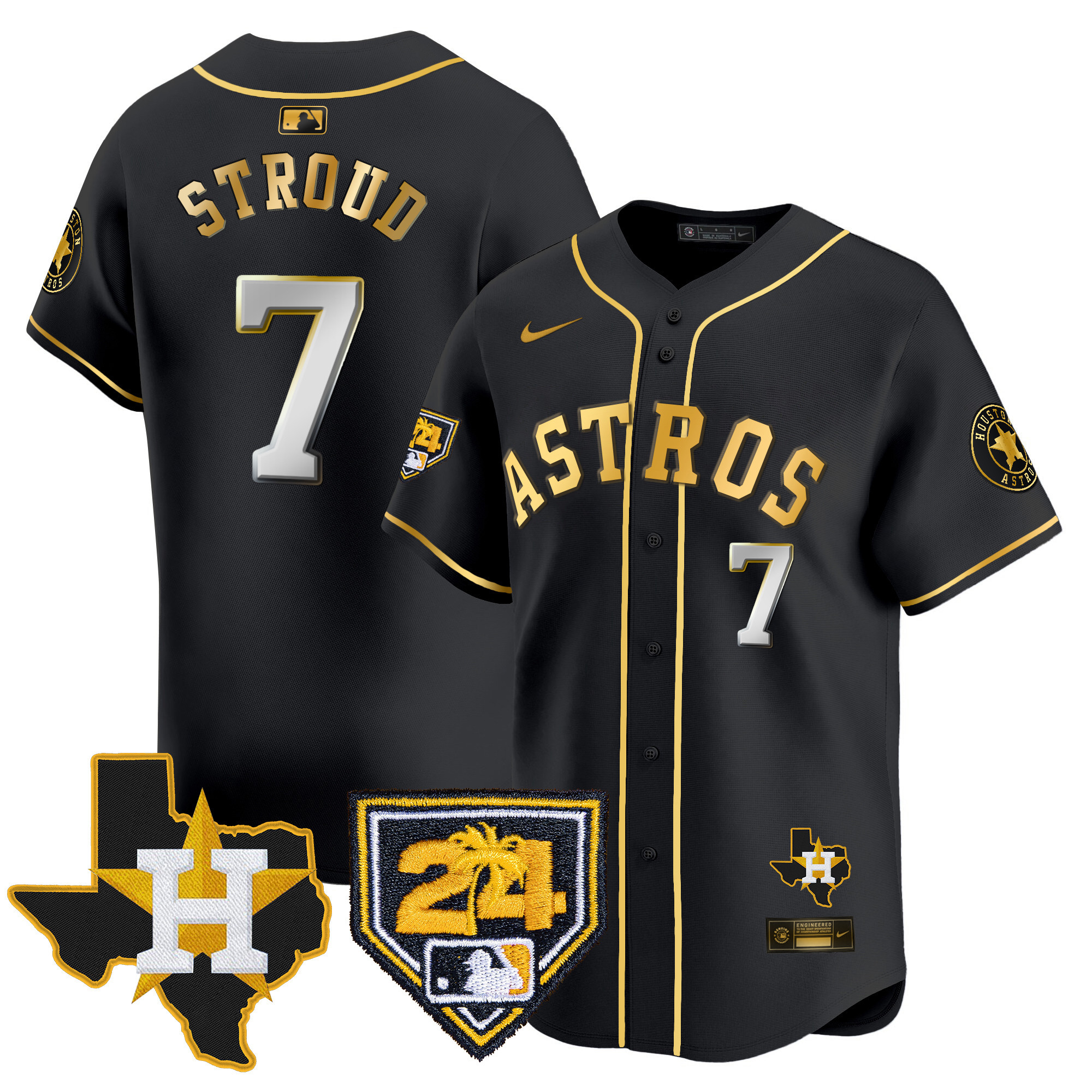 CJ Stroud Men's Houston Astros 2024 Spring Training & Texas Patch Vapor Premier Limited Black Gold Jersey - All Stitched