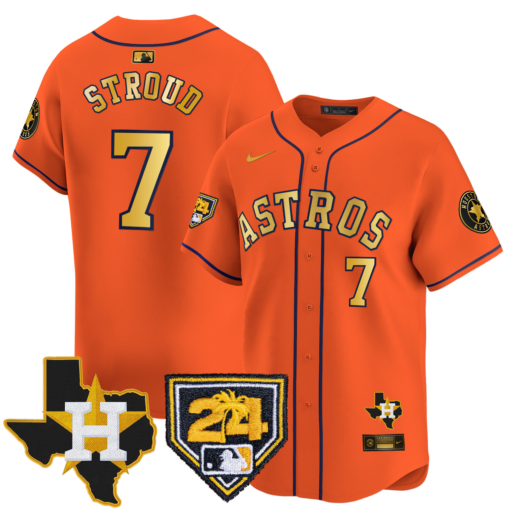 CJ Stroud Men's Houston Astros 2024 Spring Training & Texas Patch Vapor Premier Limited Orange Gold Jersey - All Stitched