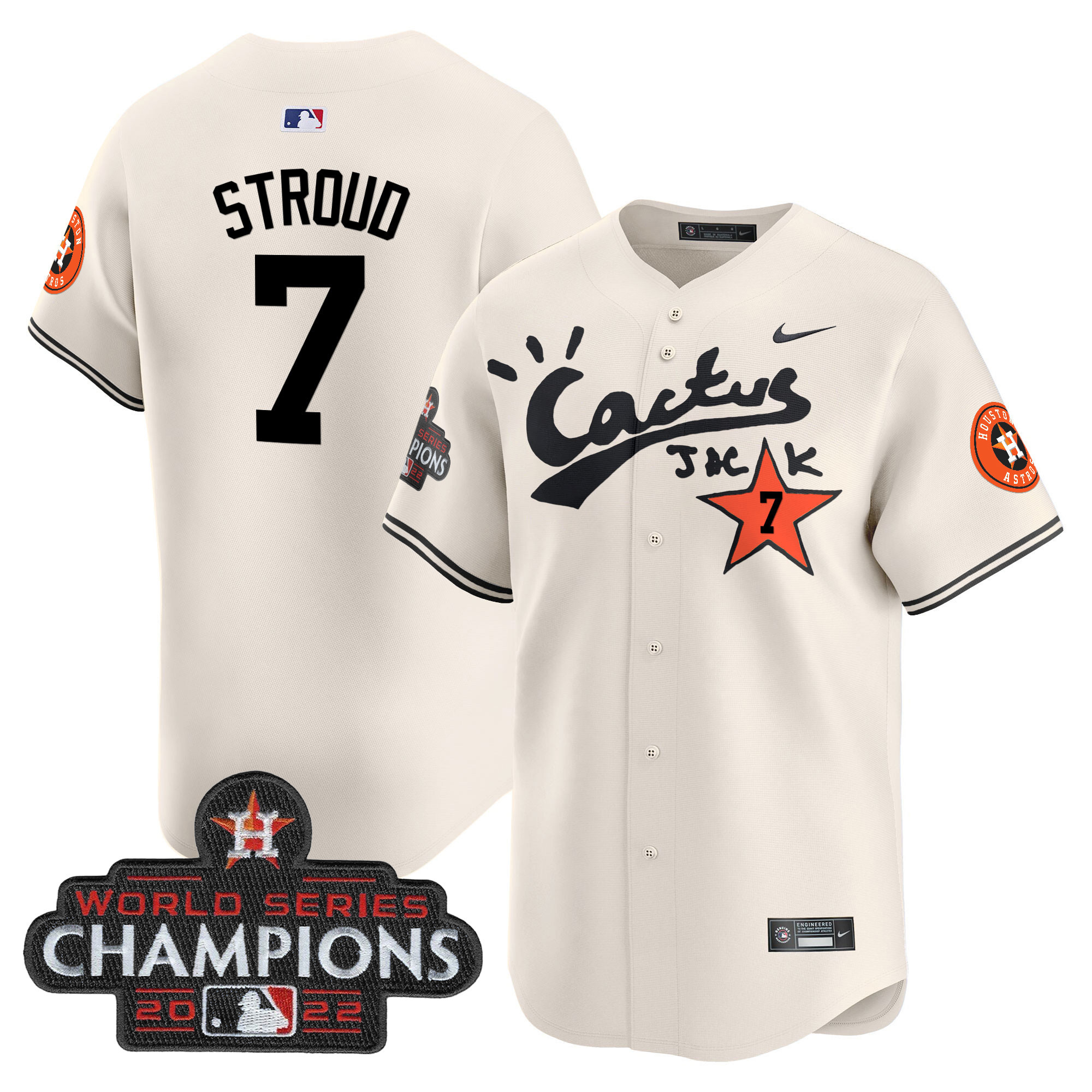 CJ Stroud Men's Houston Astros Cactus Jack Champions Patch Vapor Premier Limited Cream Jersey - All Stitched