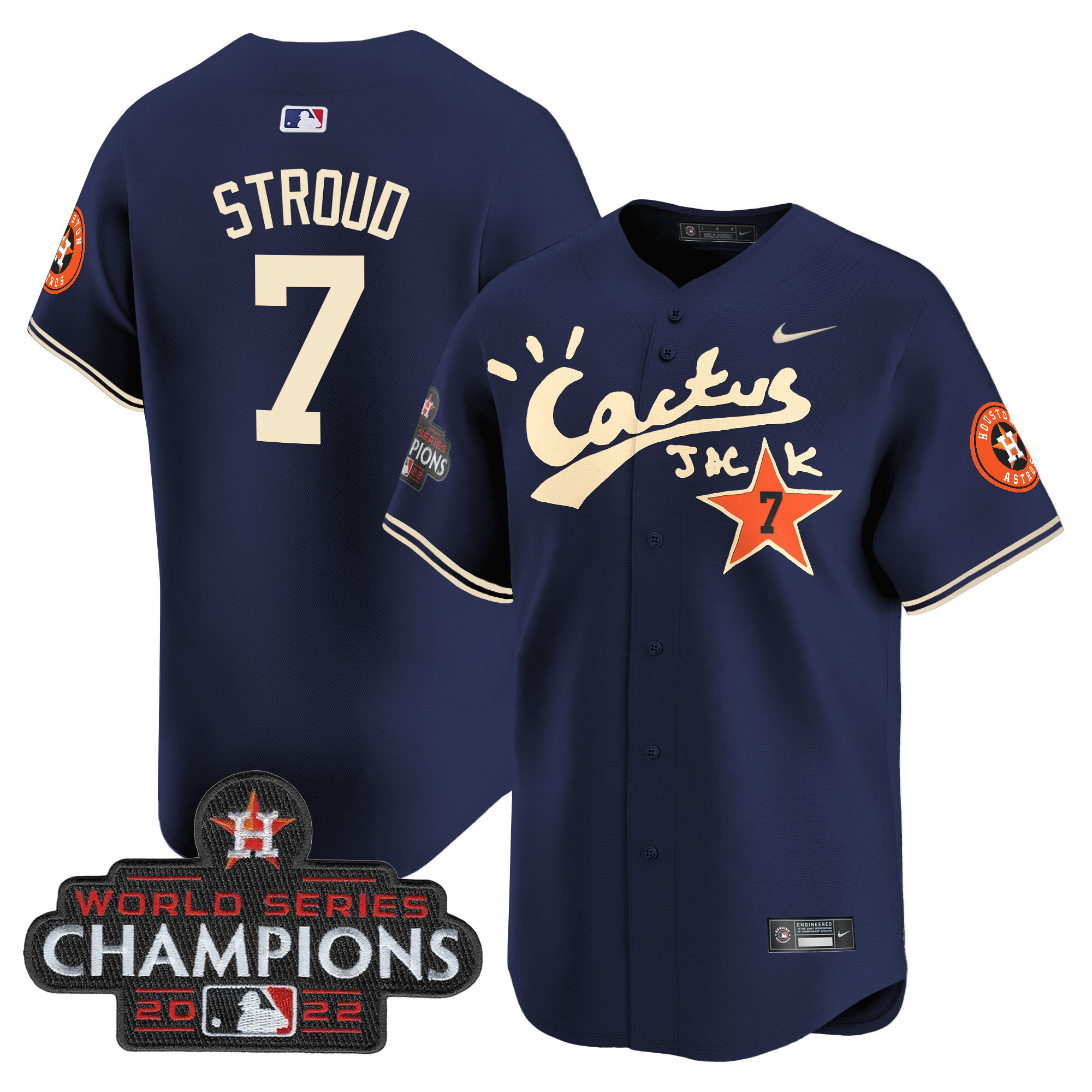 CJ Stroud Men's Houston Astros Cactus Jack Champions Patch Vapor Premier Limited Navy Jersey - All Stitched