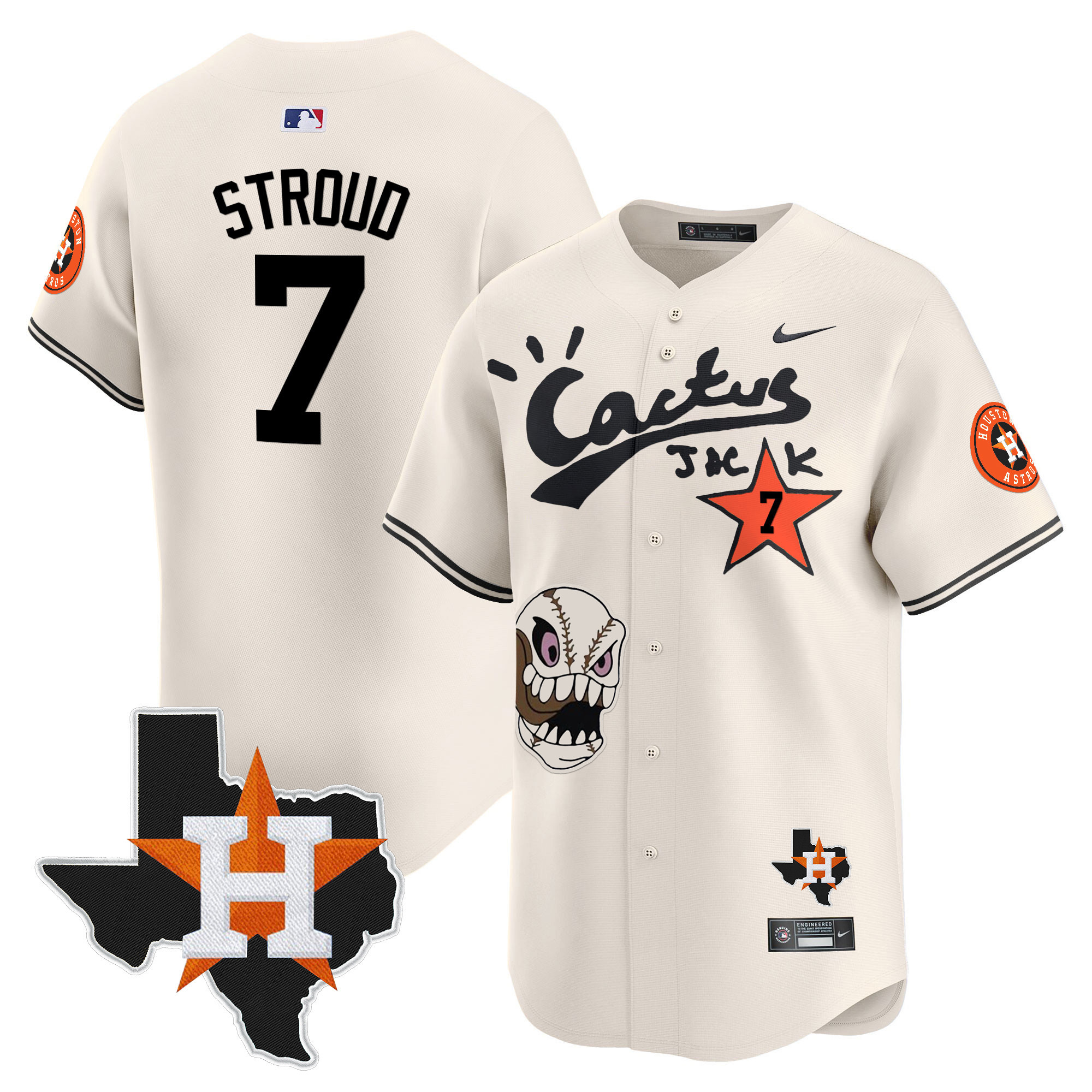 CJ Stroud Men's Houston Astros Cactus Jack Patch Vapor Premier Limited Cream Jersey - All Stitched