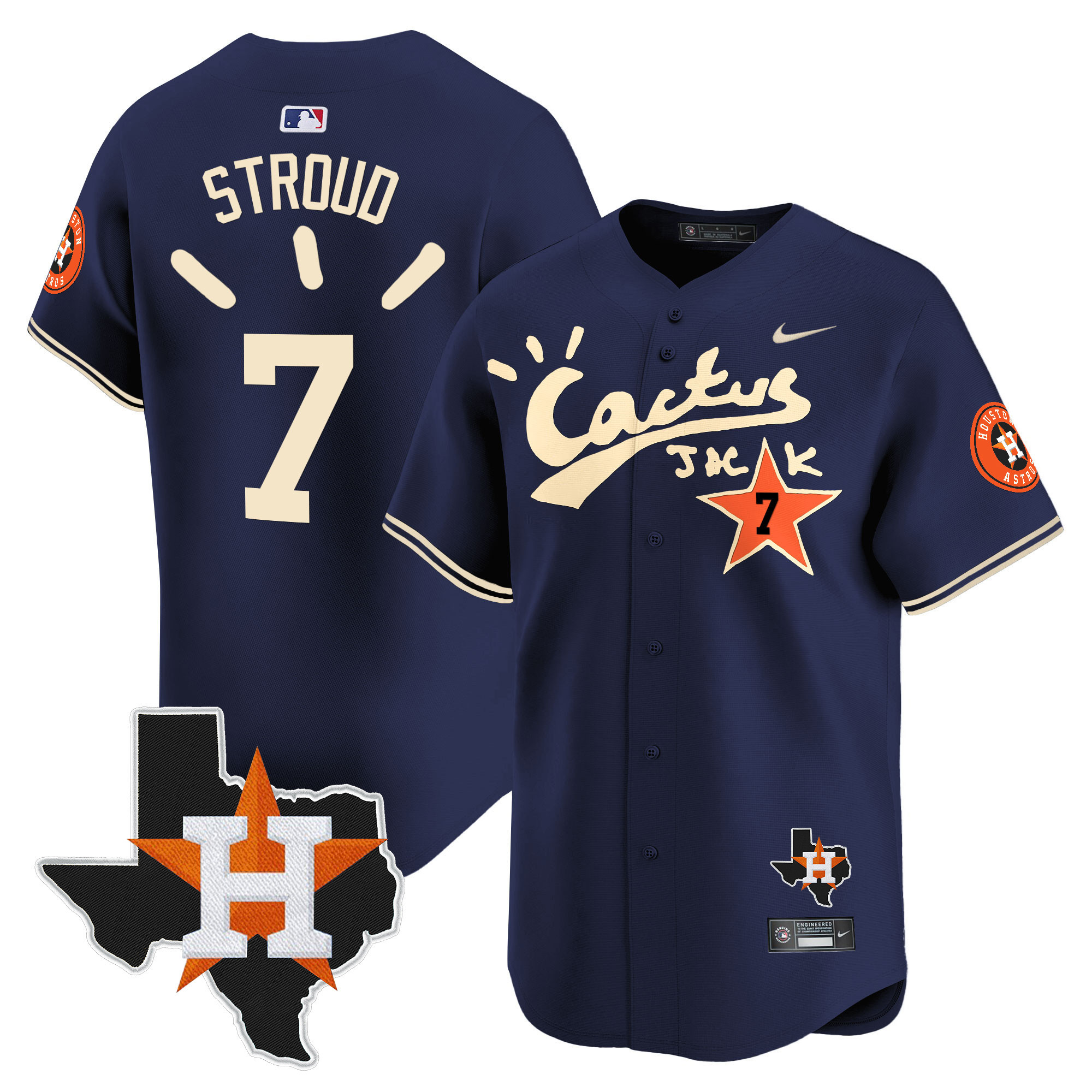 CJ Stroud Men's Houston Astros Cactus Jack Patch Vapor Premier Limited V10 Navy Jersey - All Stitched