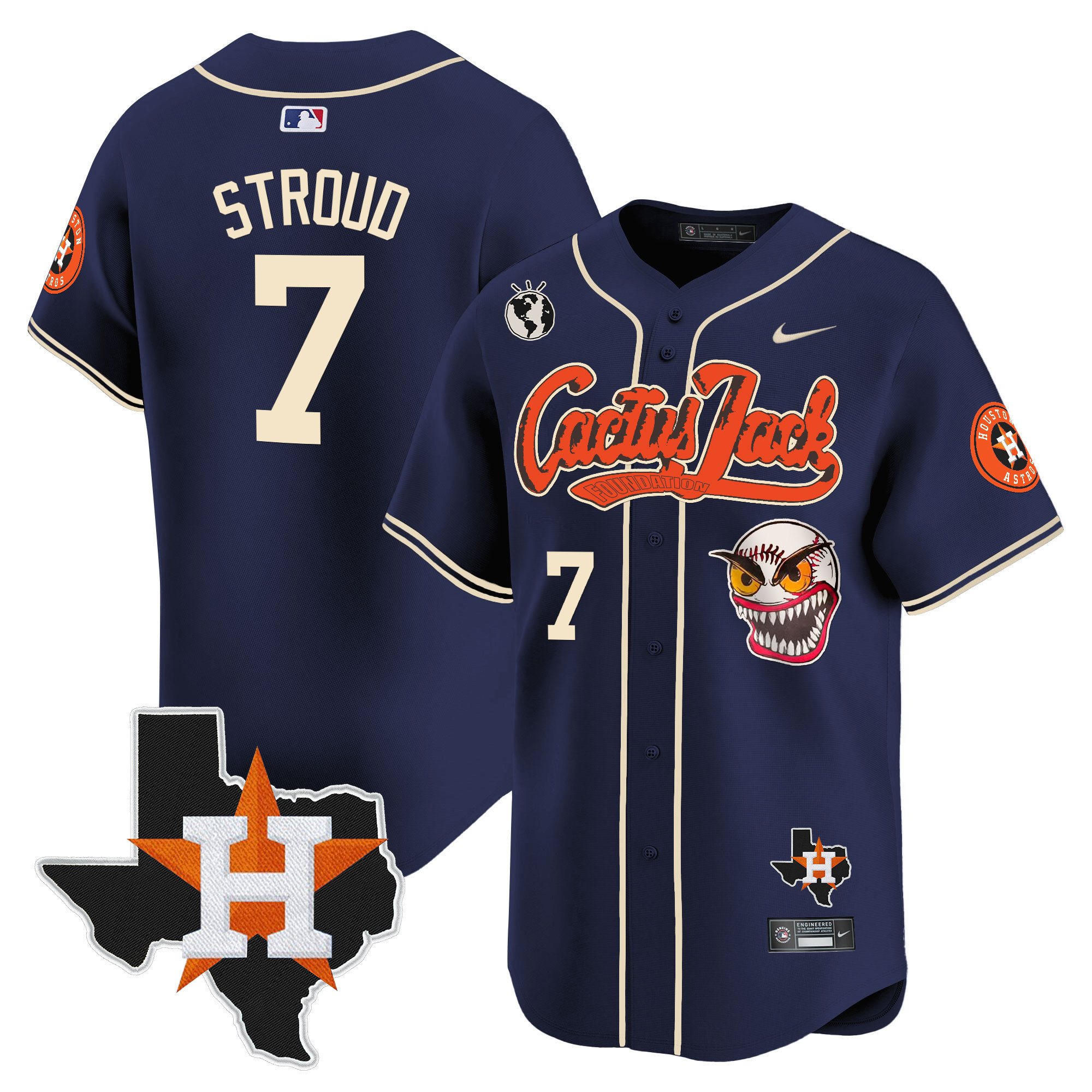 CJ Stroud Men's Houston Astros Cactus Jack Patch Vapor Premier Limited V6 Navy Jersey - All Stitched