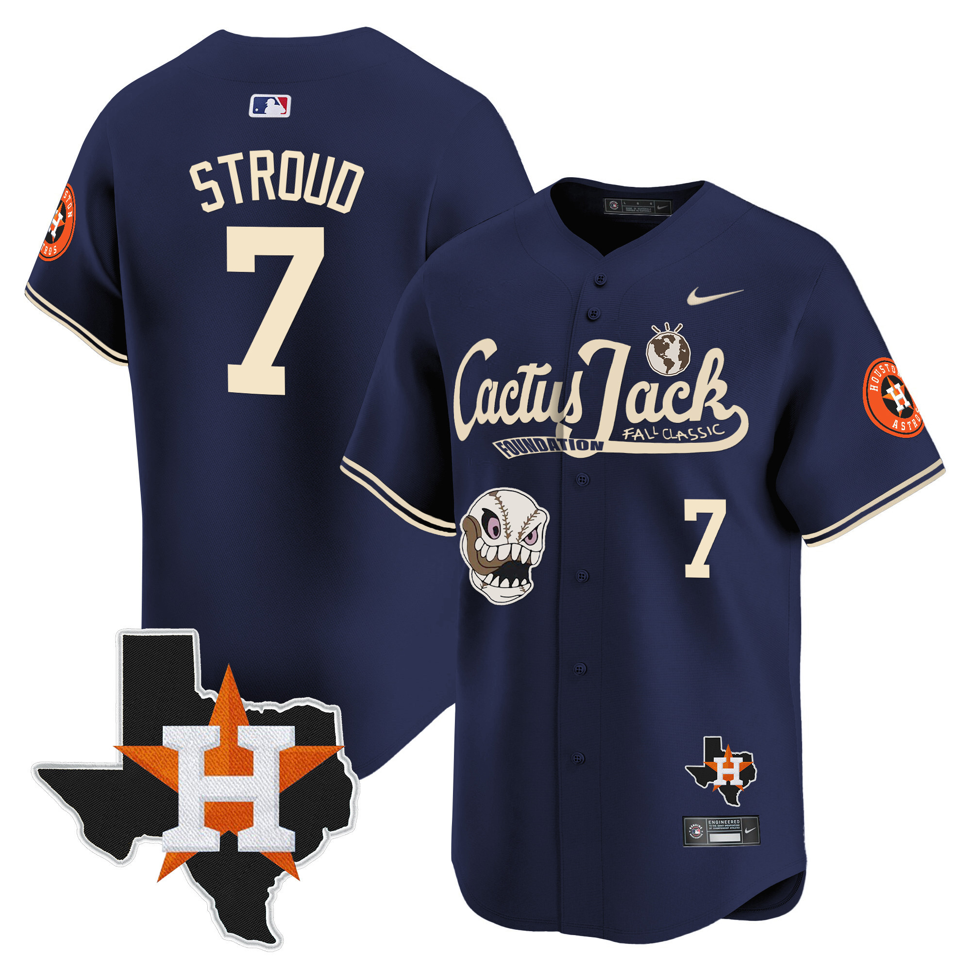 CJ Stroud Men's Houston Astros Cactus Jack Patch Vapor Premier Limited V8 Navy Jersey - All Stitched