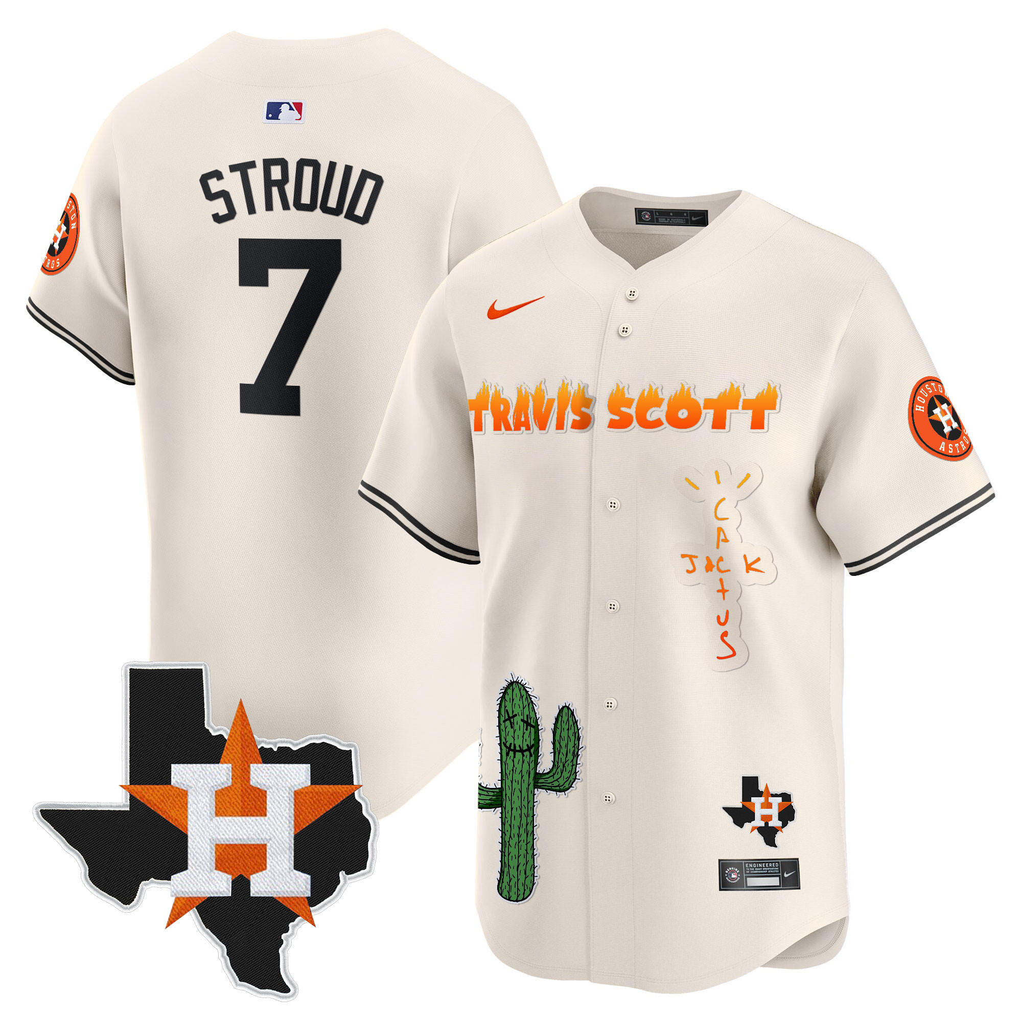 CJ Stroud Men's Houston Astros Cactus Jack Patch Vapor Premier Limited V9 Cream Jersey - All Stitched